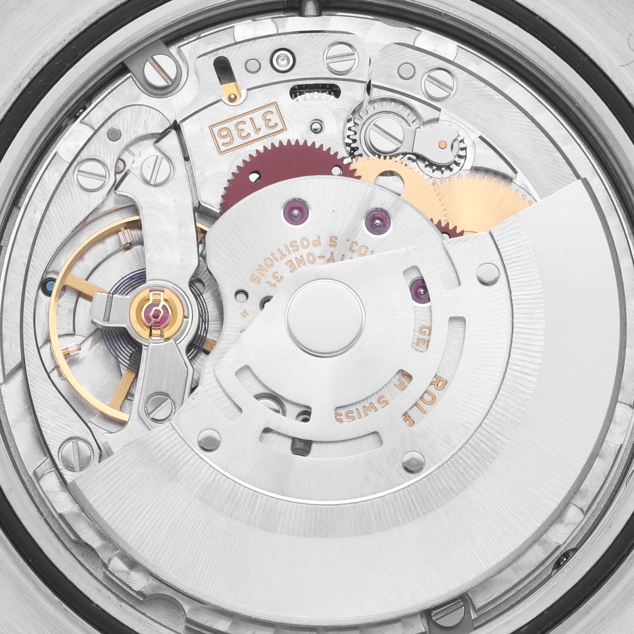 This is a close-up view of the Rolex Datejust watch movement components.