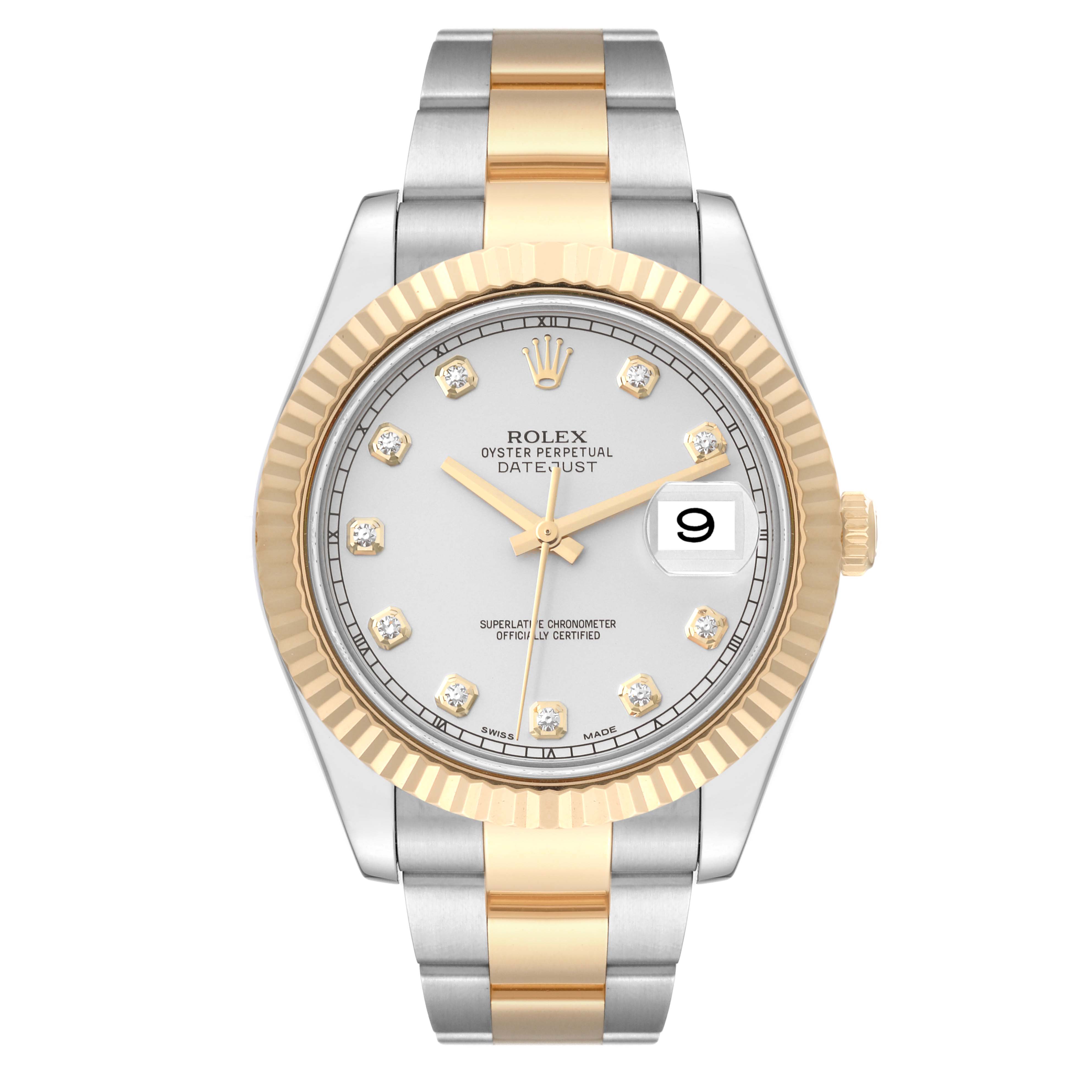 This Rolex Datejust watch is shown from a front angle, displaying its dial, bezel, bracelet, and date window.