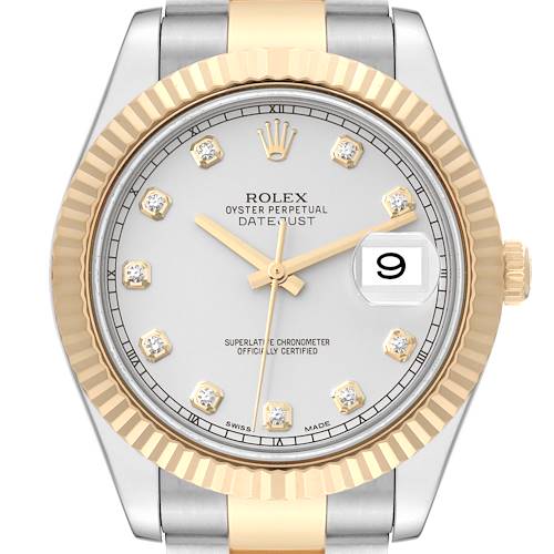 This is a close-up of the Rolex Datejust watch showing the dial, fluted bezel, crown, and part of the bracelet.