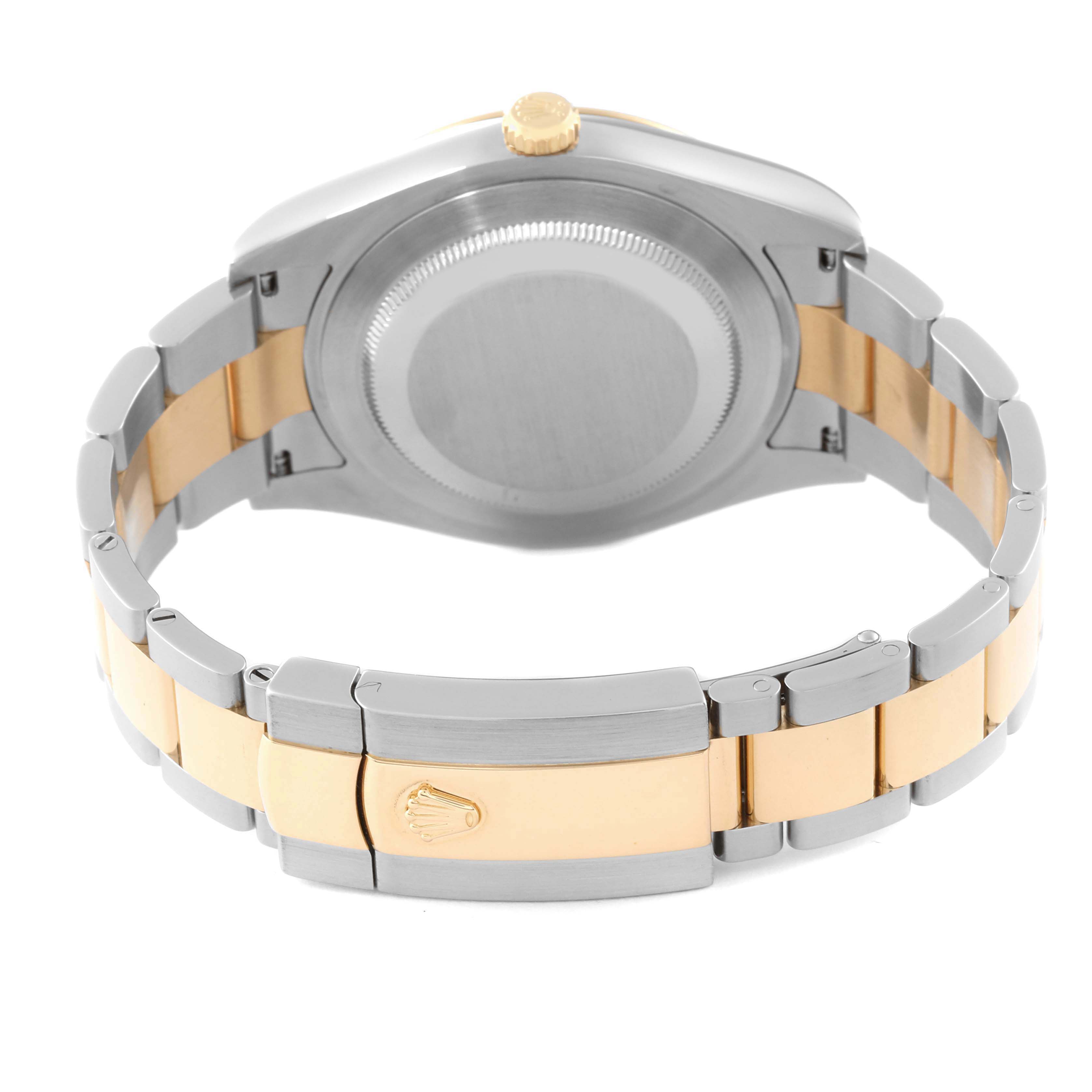 This is a rear view of a Rolex Datejust watch, showing the case back, bracelet, and clasp with the Rolex logo.