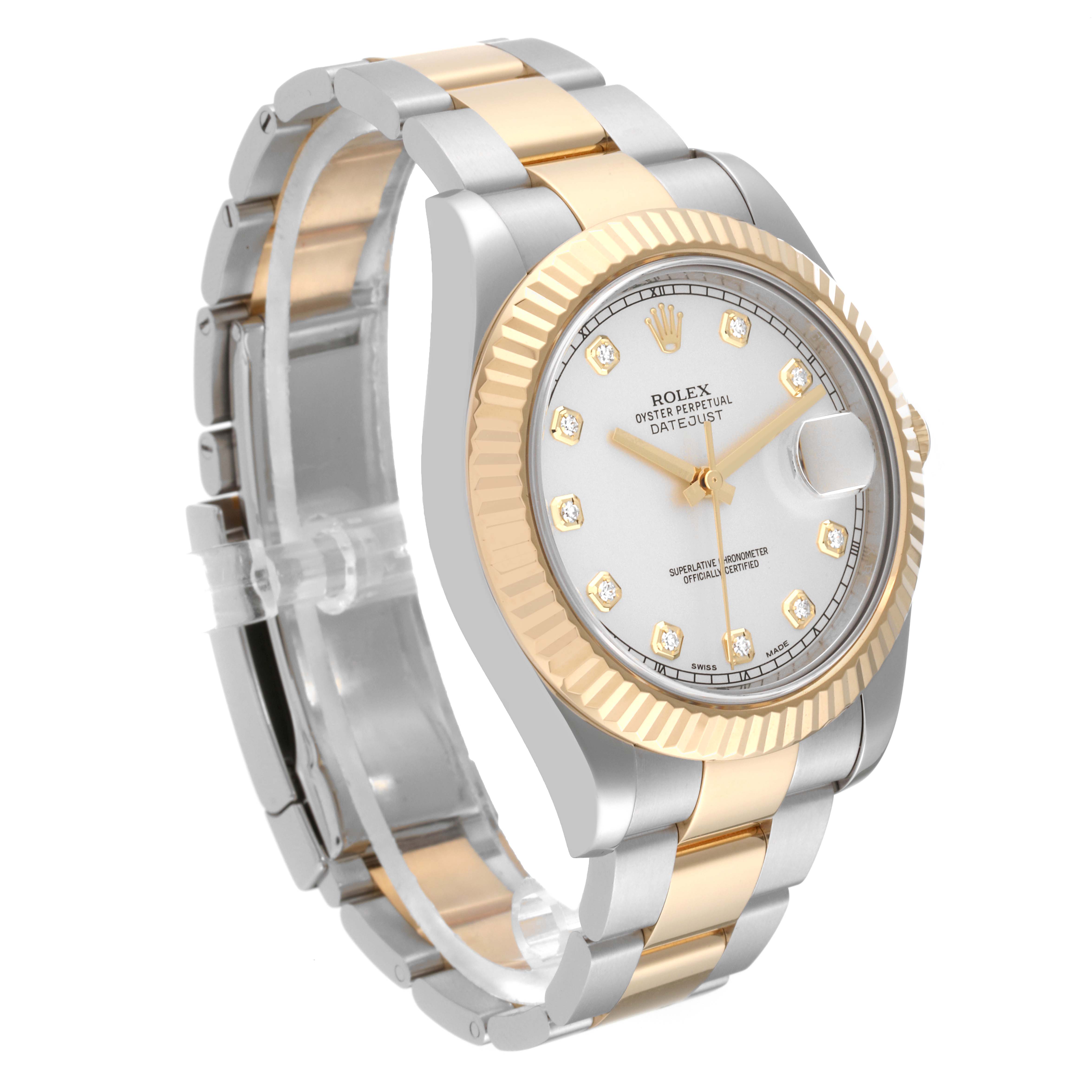 The Rolex Datejust watch is shown at an angle highlighting the dial, bezel, and two-tone bracelet.