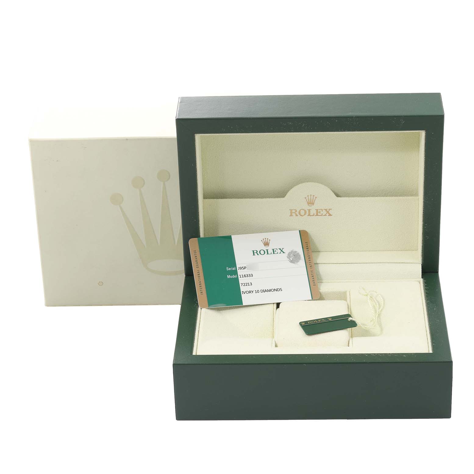 The image shows a Rolex Datejust watch box at an angle with a Rolex warranty card inside the box.