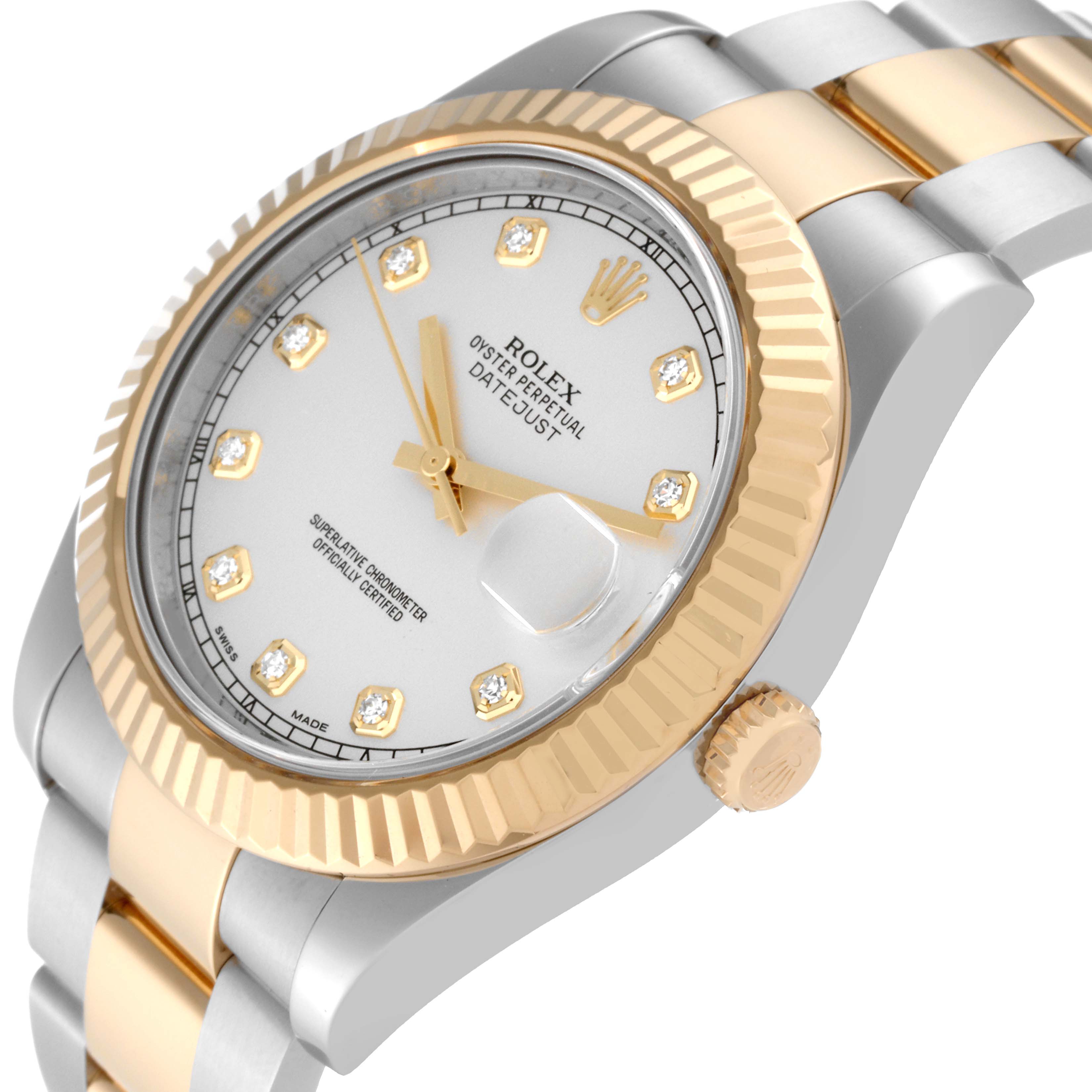 The image shows a close-up view of the dial and bracelet of a Rolex Datejust watch, emphasizing the fluted bezel and diamond hour markers.