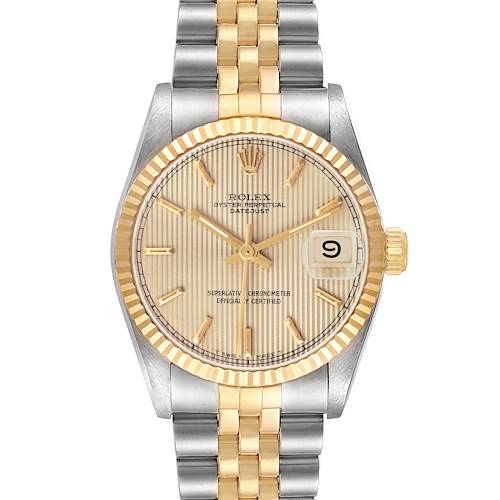 The Rolex Datejust 68273 Women's Steel and Gold (two tone) Champagne Dial watch is shown from a top-down angle, displaying the face, bezel, and bracelet.