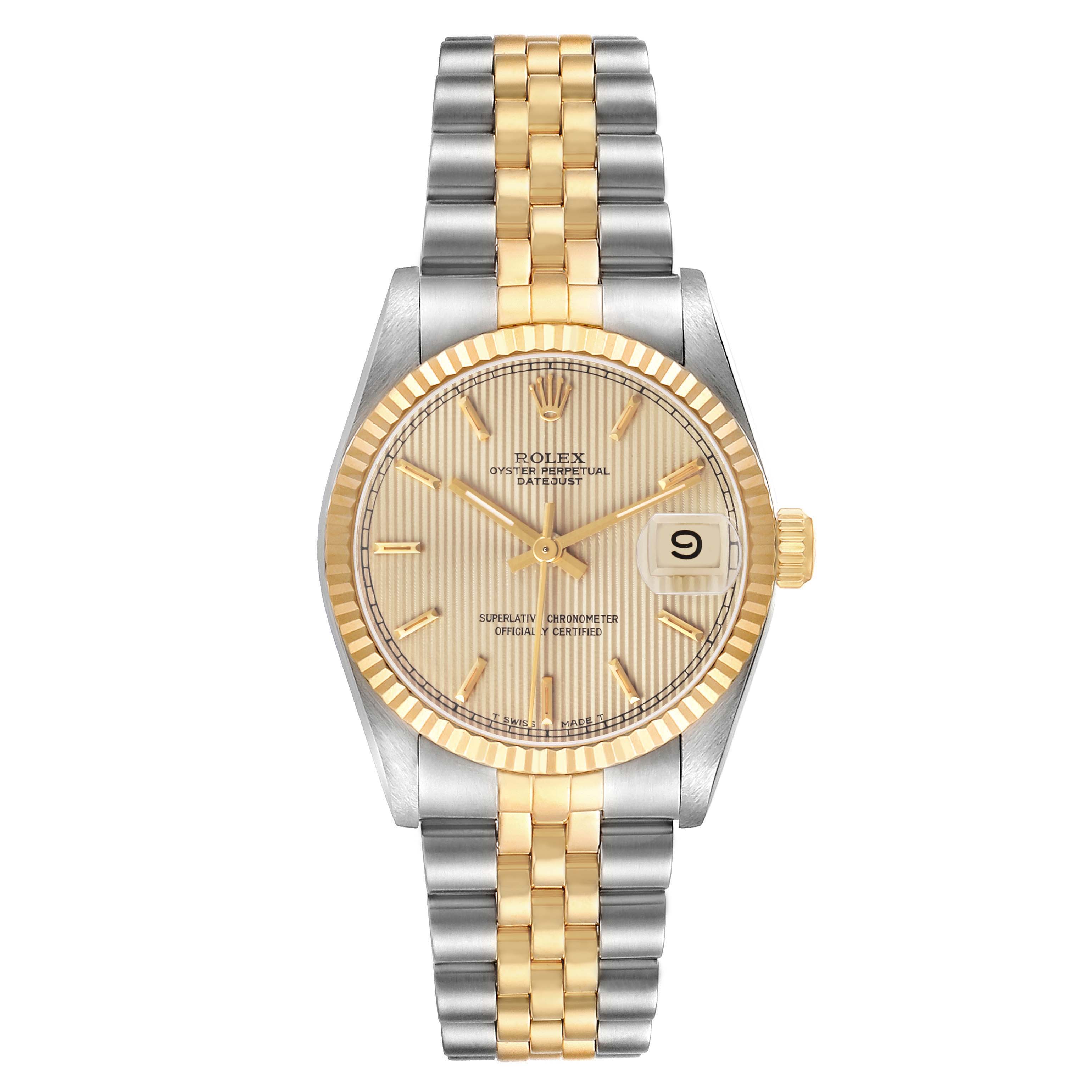 The Rolex Datejust 68273 Women's Steel and Gold (two tone) Champagne Dial watch is shown from the front, displaying its dial, bezel, case, and two-tone bracelet.