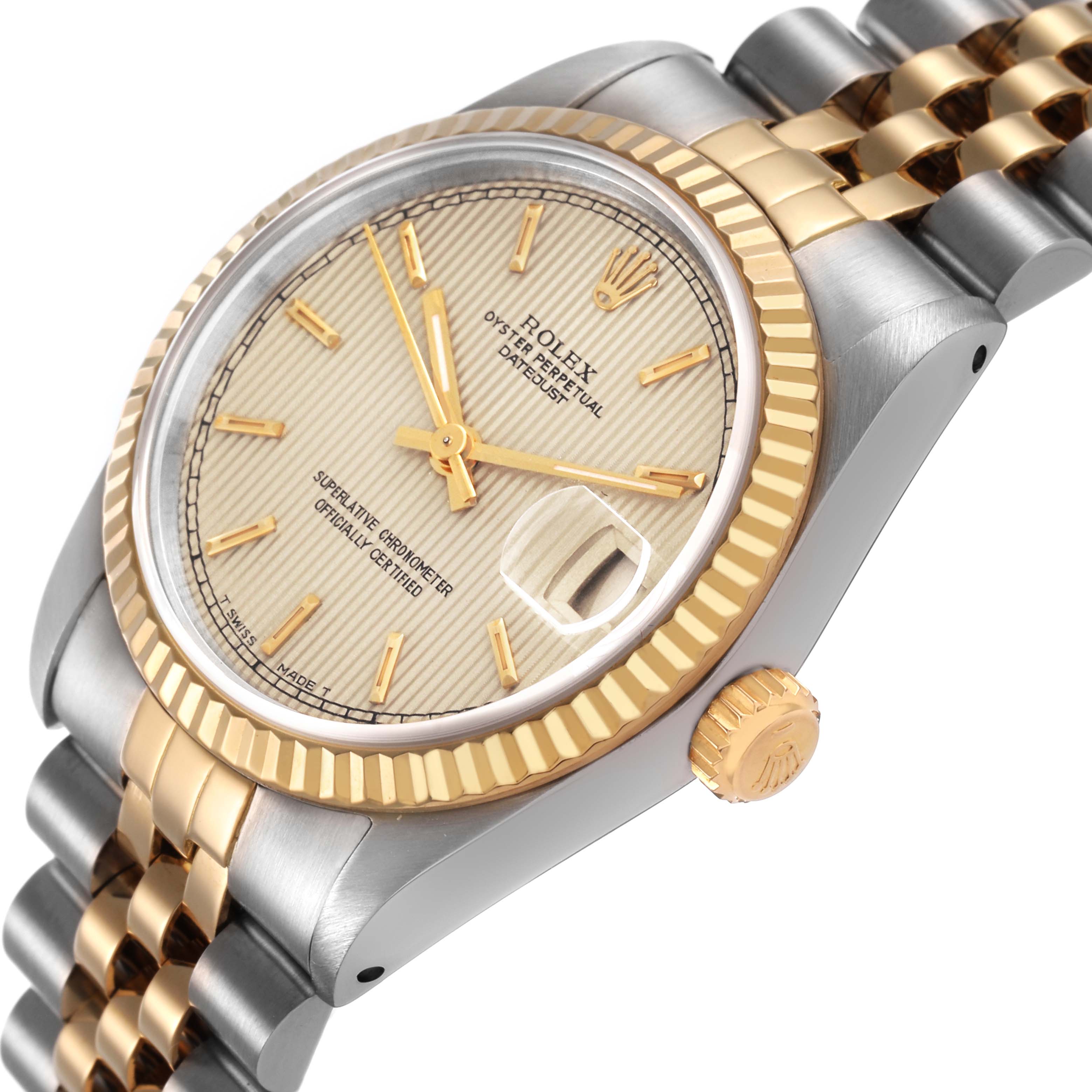 The image shows a Rolex Datejust 68273 Women's Steel and Gold (two tone) Champagne Dial watch at an angled side view, highlighting the fluted bezel, dial, crown, and part of the Jubilee bracelet.