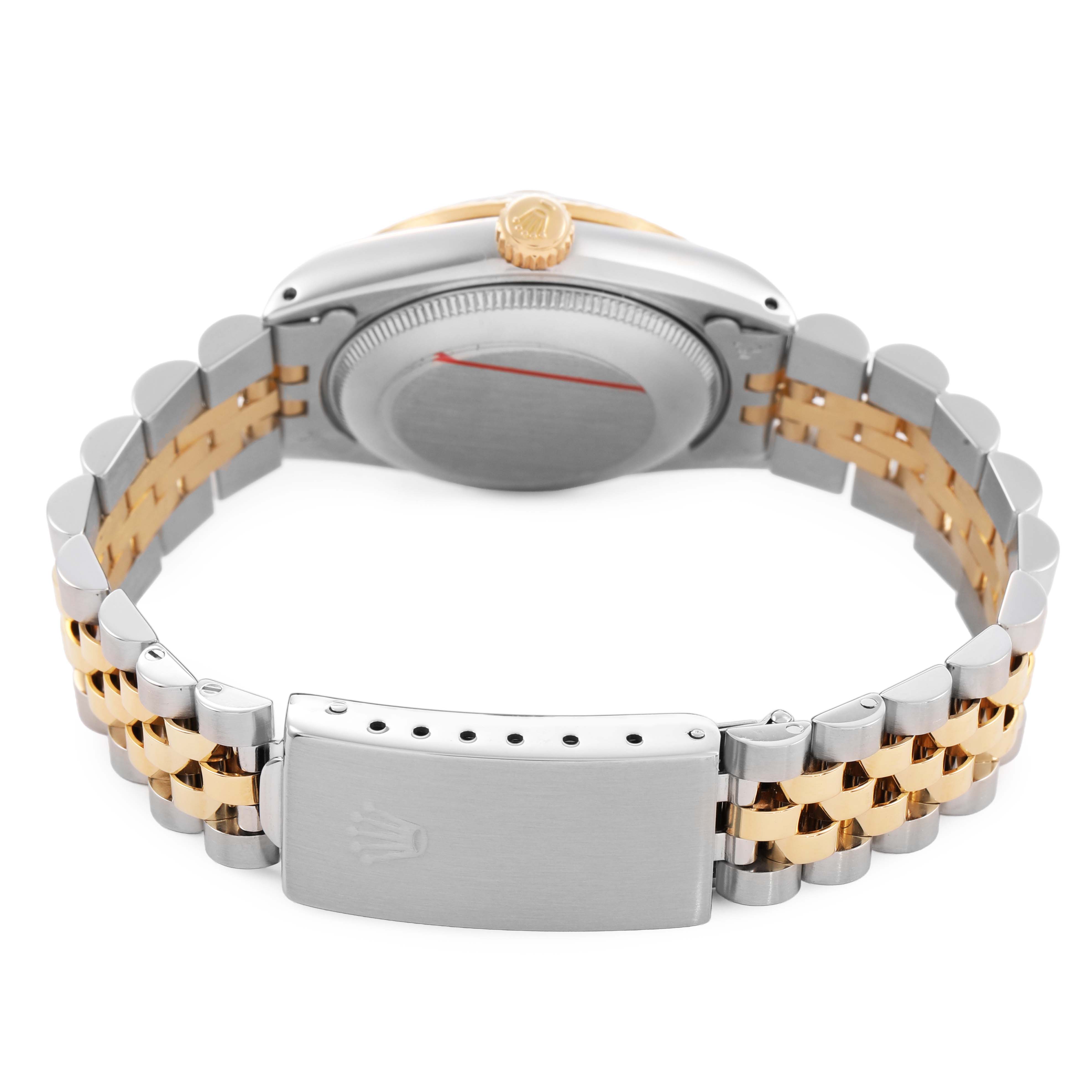 The image shows the back view of a Rolex Datejust 68273 Women's Steel and Gold (two tone) Champagne Dial, highlighting the bracelet and clasp.