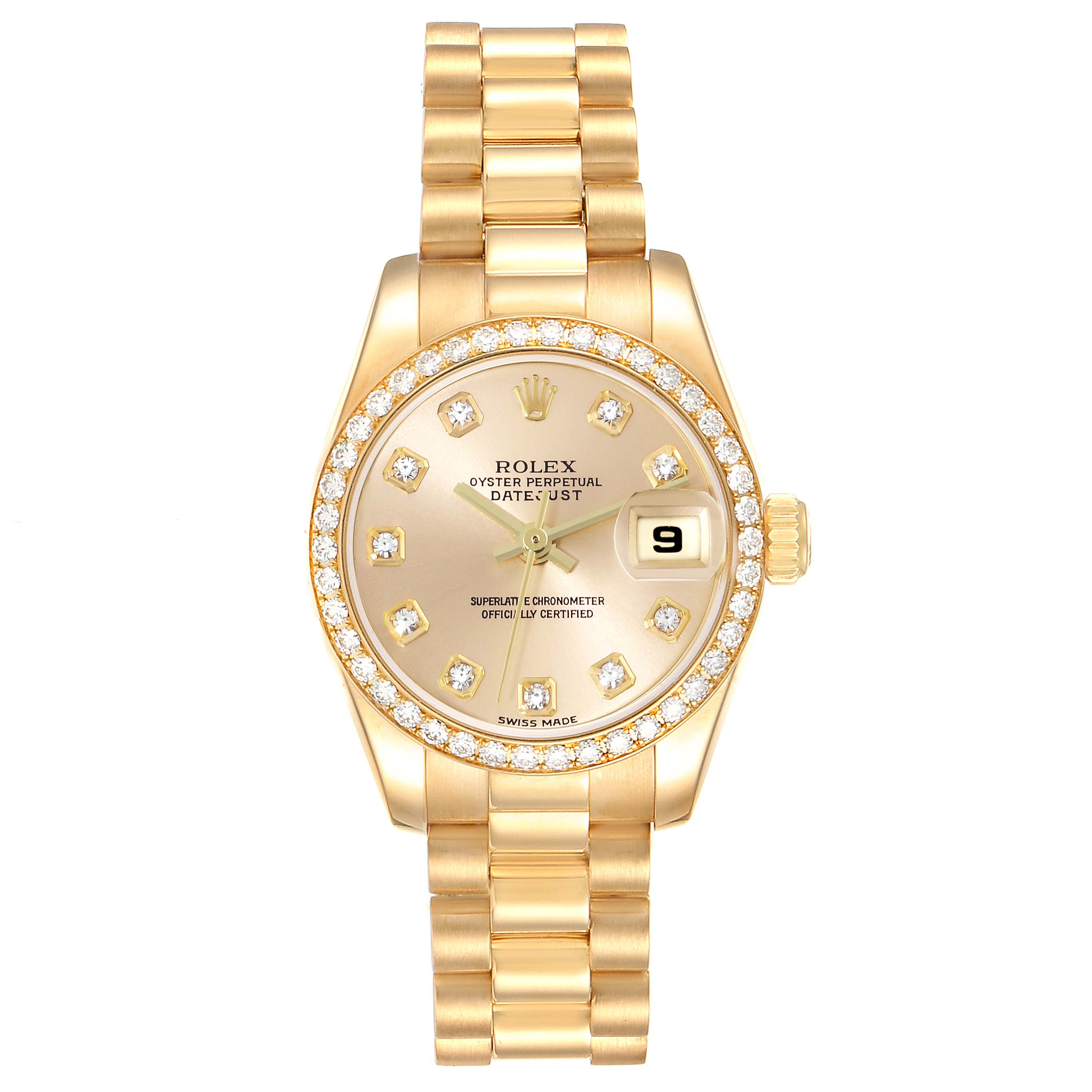 This image shows the Rolex President 179178 Women
s Yellow Gold Champagne Dial 179178 Women
s Yellow Gold Champagne Dial watch from a front view, highlighting its gold chain, diamond bezel, and date window.