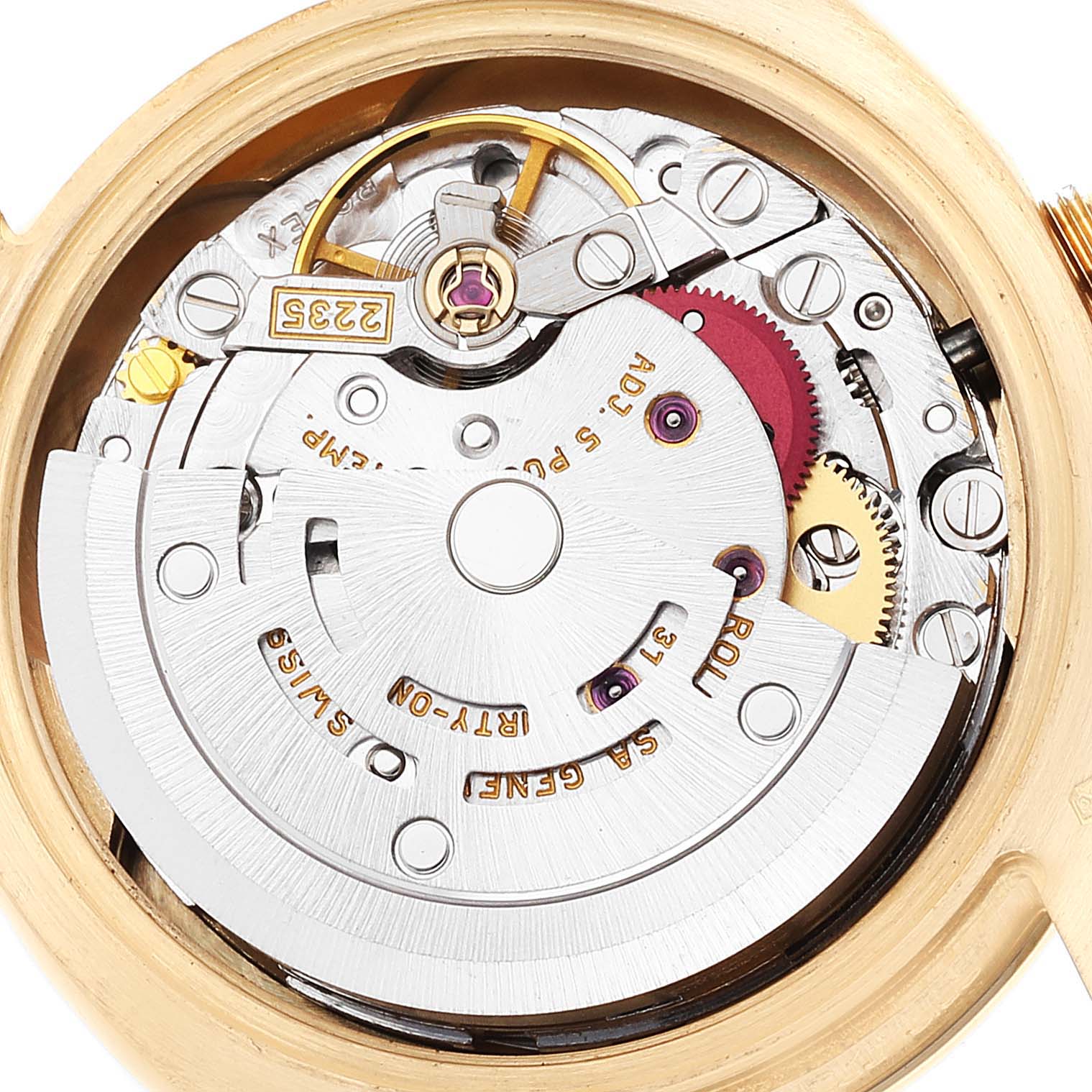 This image shows the internal mechanism of a Rolex President 179178 Women
s Yellow Gold Champagne Dial 179178 Women
s Yellow Gold Champagne Dial model watch, focusing on the intricate watch movement components.