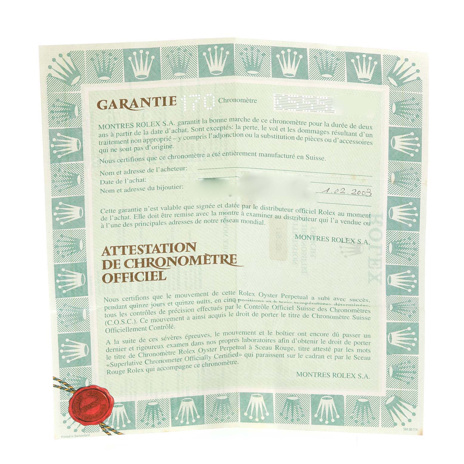 The image shows the warranty and chronometer certification documents for the Rolex President 179178 Women
s Yellow Gold Champagne Dial 179178 Women
s Yellow Gold Champagne Dial model.