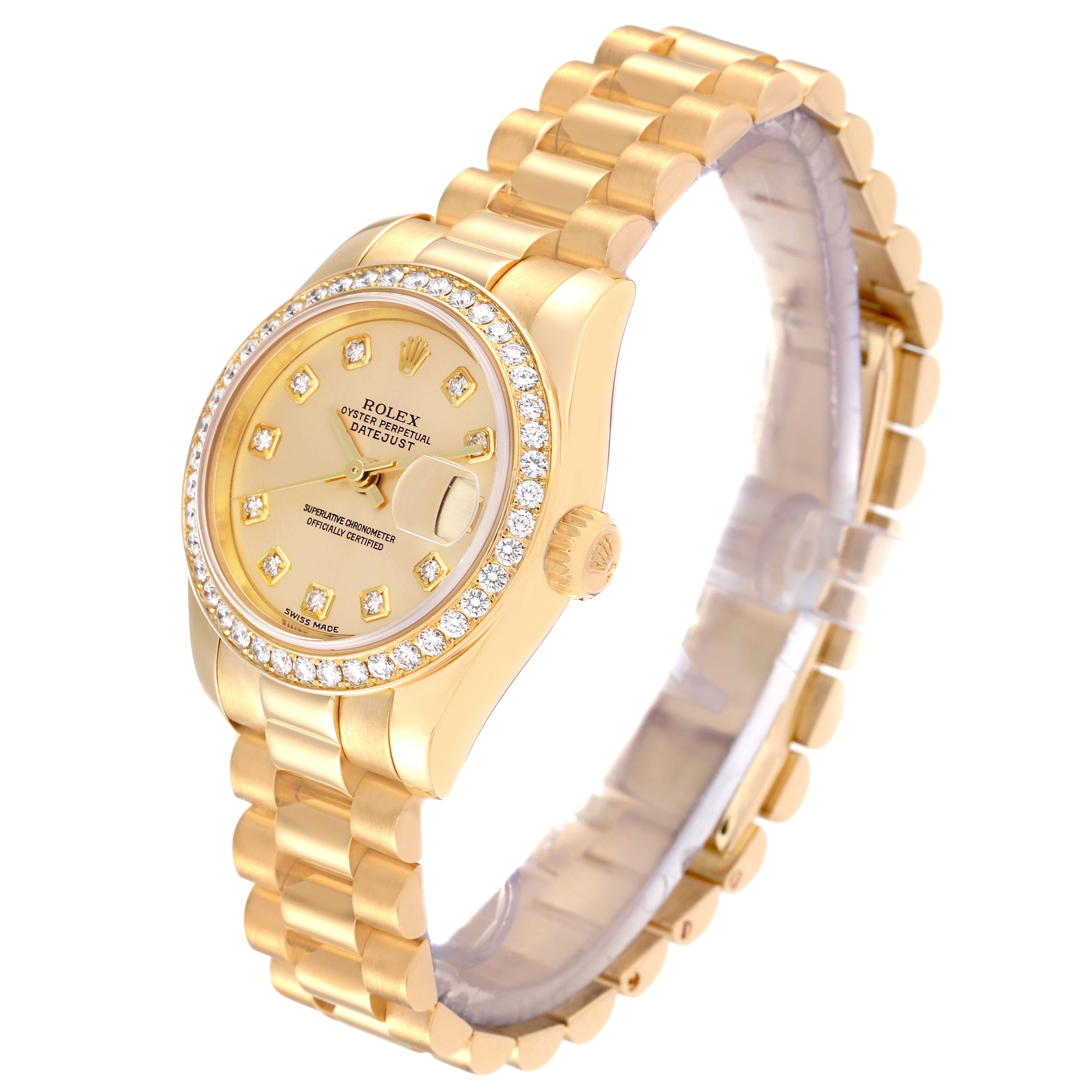 The image shows a Rolex President 179178 Women
s Yellow Gold Champagne Dial 179178 Women
s Yellow Gold Champagne Dial model watch at an angled view, highlighting its dial, bezel, crown, and the bracelet.