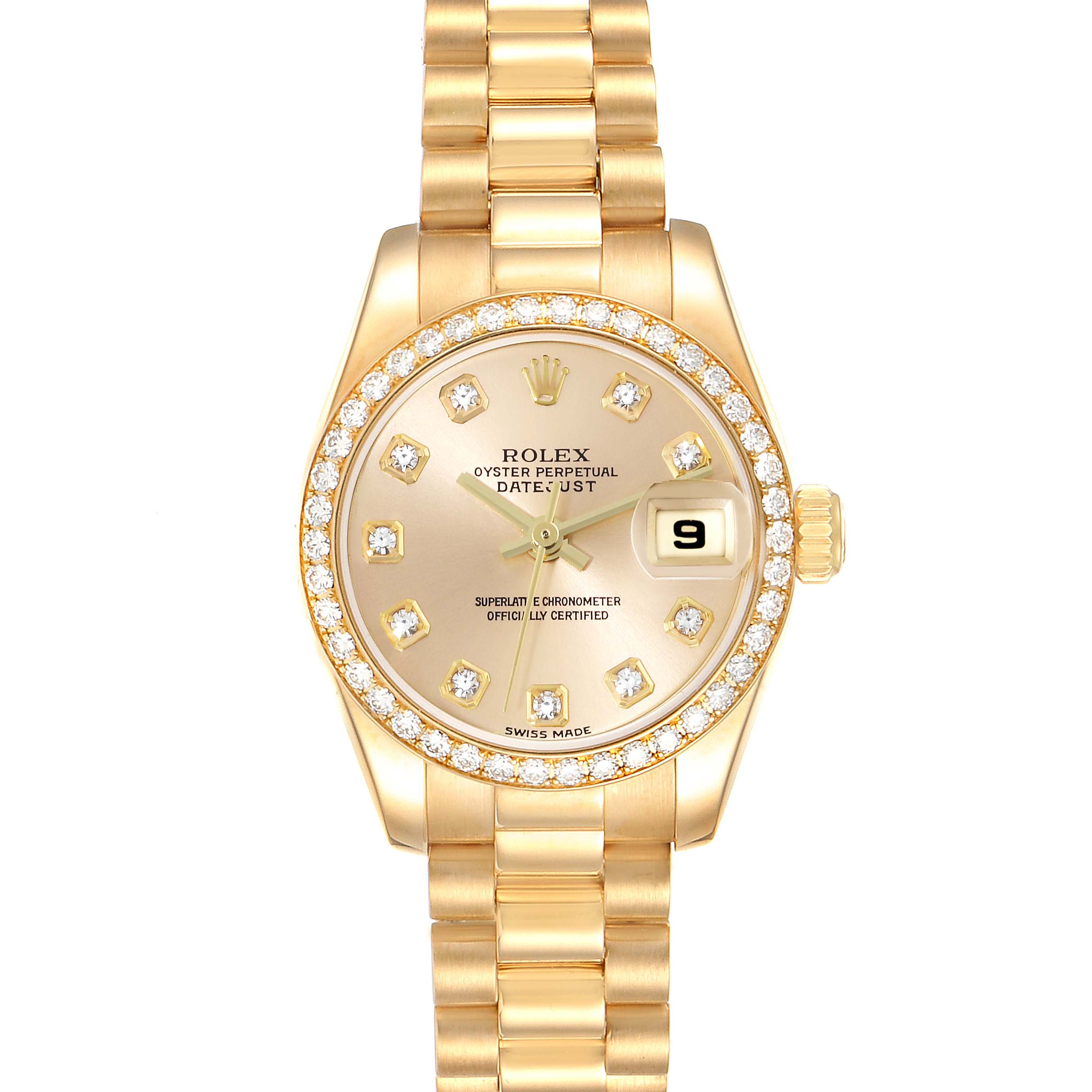 The image shows a front view of the Rolex President 179178 Women
s Yellow Gold Champagne Dial 179178 Women
s Yellow Gold Champagne Dial model watch, highlighting its dial, bezel, and bracelet.