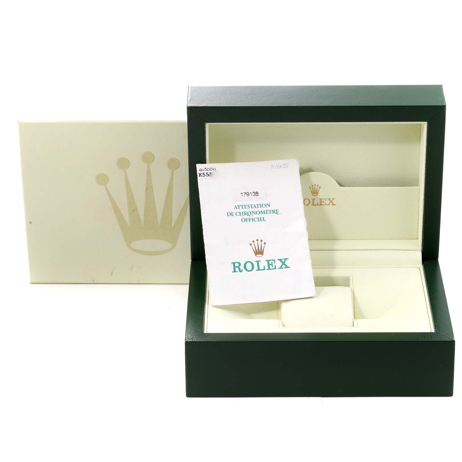 This image shows the packaging and documentation for a Rolex President 179178 Women
s Yellow Gold Champagne Dial 179178 Women
s Yellow Gold Champagne Dial model watch, including an open watch box and a certificate.