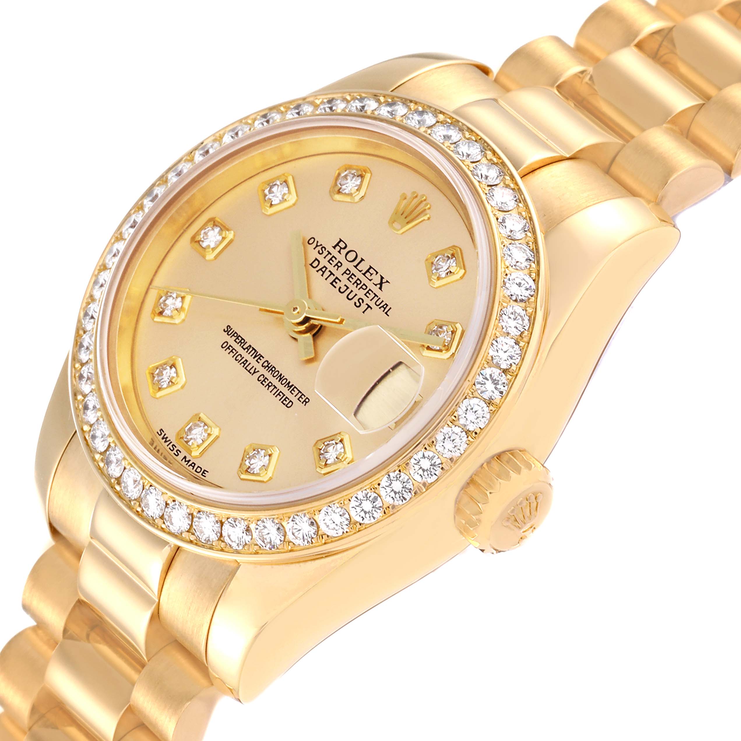 The Rolex President 179178 Women
s Yellow Gold Champagne Dial 179178 Women
s Yellow Gold Champagne Dial model watch is shown from a slightly angled top view, highlighting the face, bezel, and bracelet.