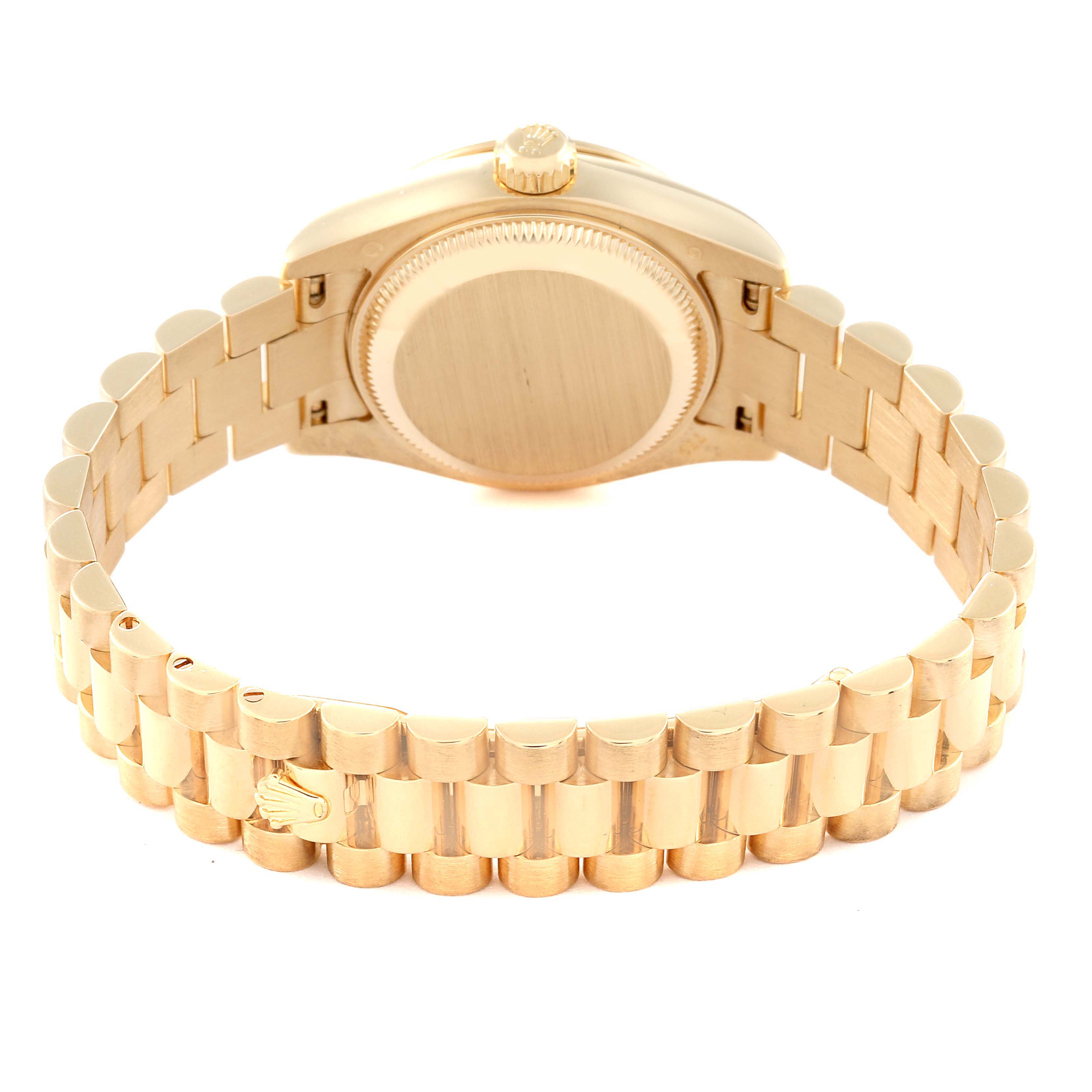 The image shows the back view of a President model by Rolex, highlighting the bracelet and case back.