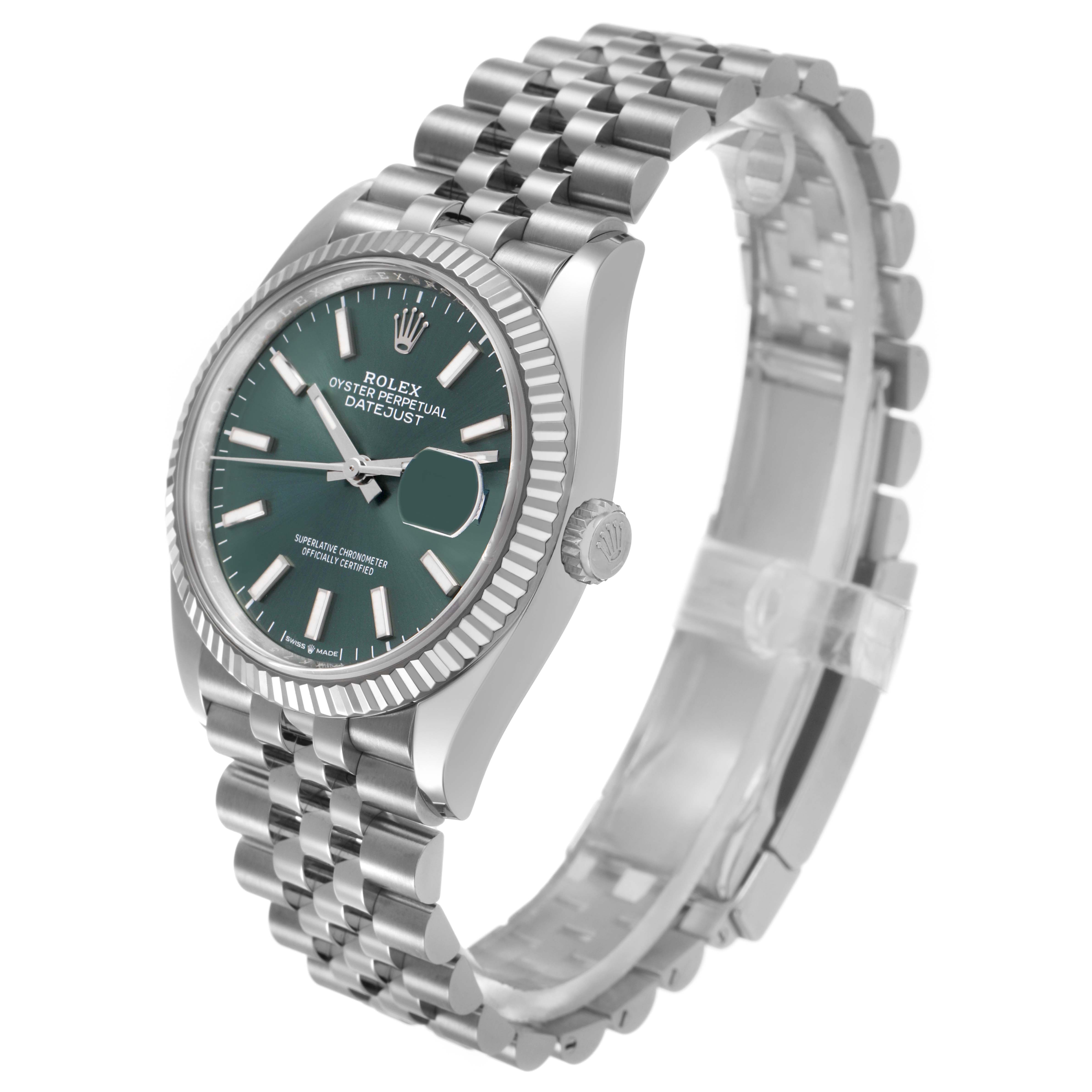 The Rolex Datejust 126234 Men's Stainless Steel Green Dial watch is shown at an angle highlighting the face, fluted bezel, crown, and Jubilee bracelet.