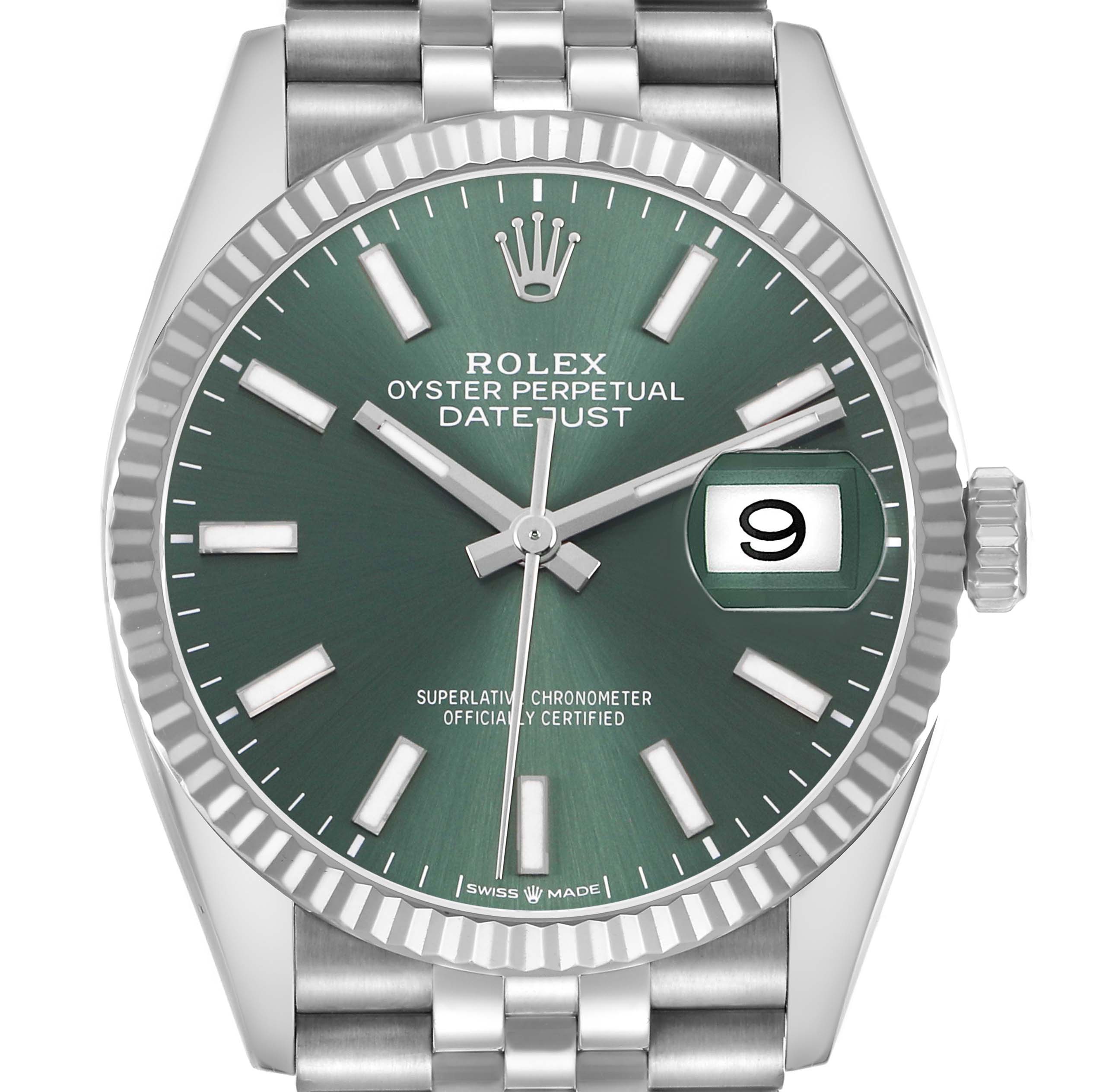 The Rolex Datejust 126234 Men's Stainless Steel Green Dial watch is shown head-on, highlighting the green dial, date window, bezel, and part of the bracelet.