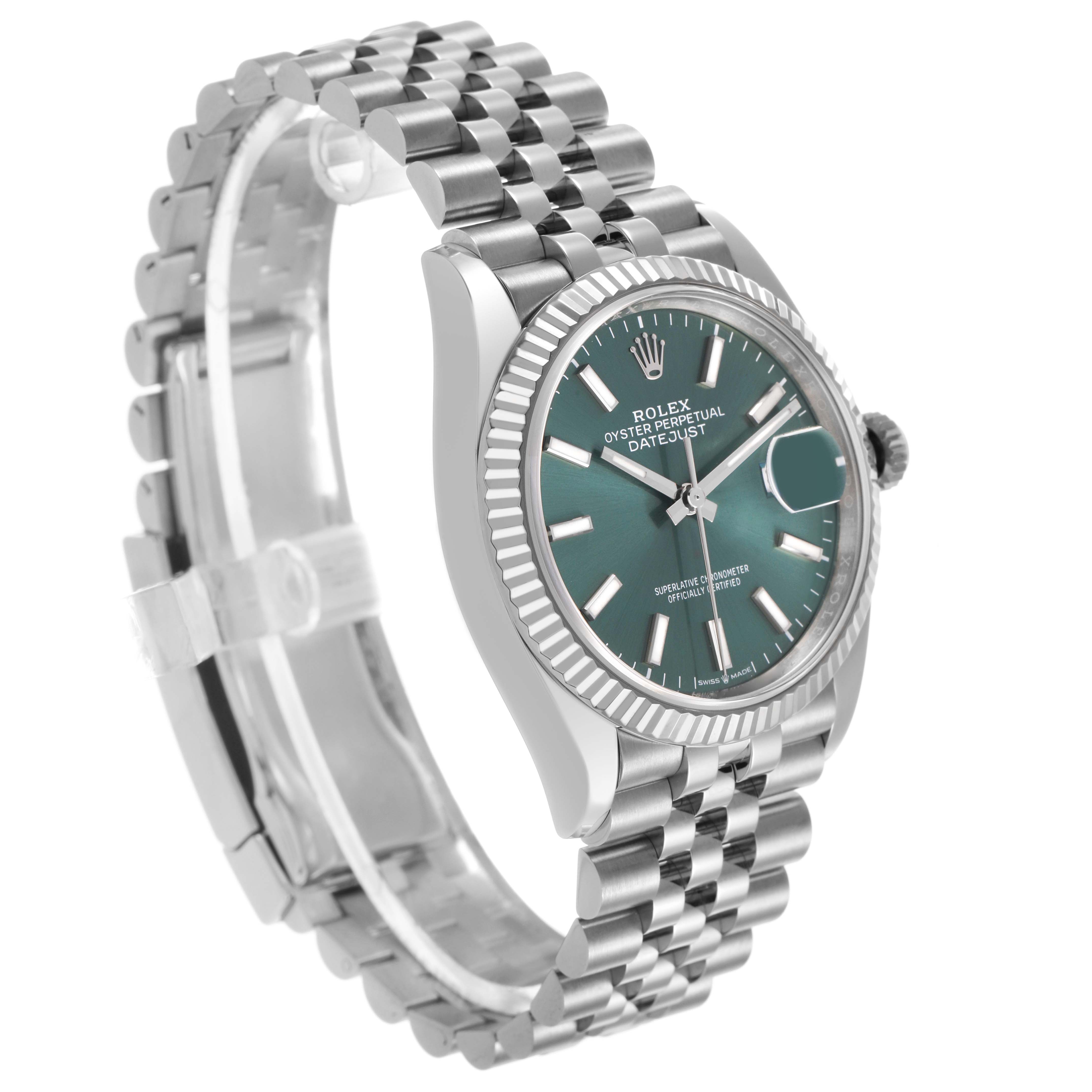 The Rolex Datejust 126234 Men's Stainless Steel Green Dial watch is shown at a side angle, displaying its face, fluted bezel, and Jubilee bracelet.