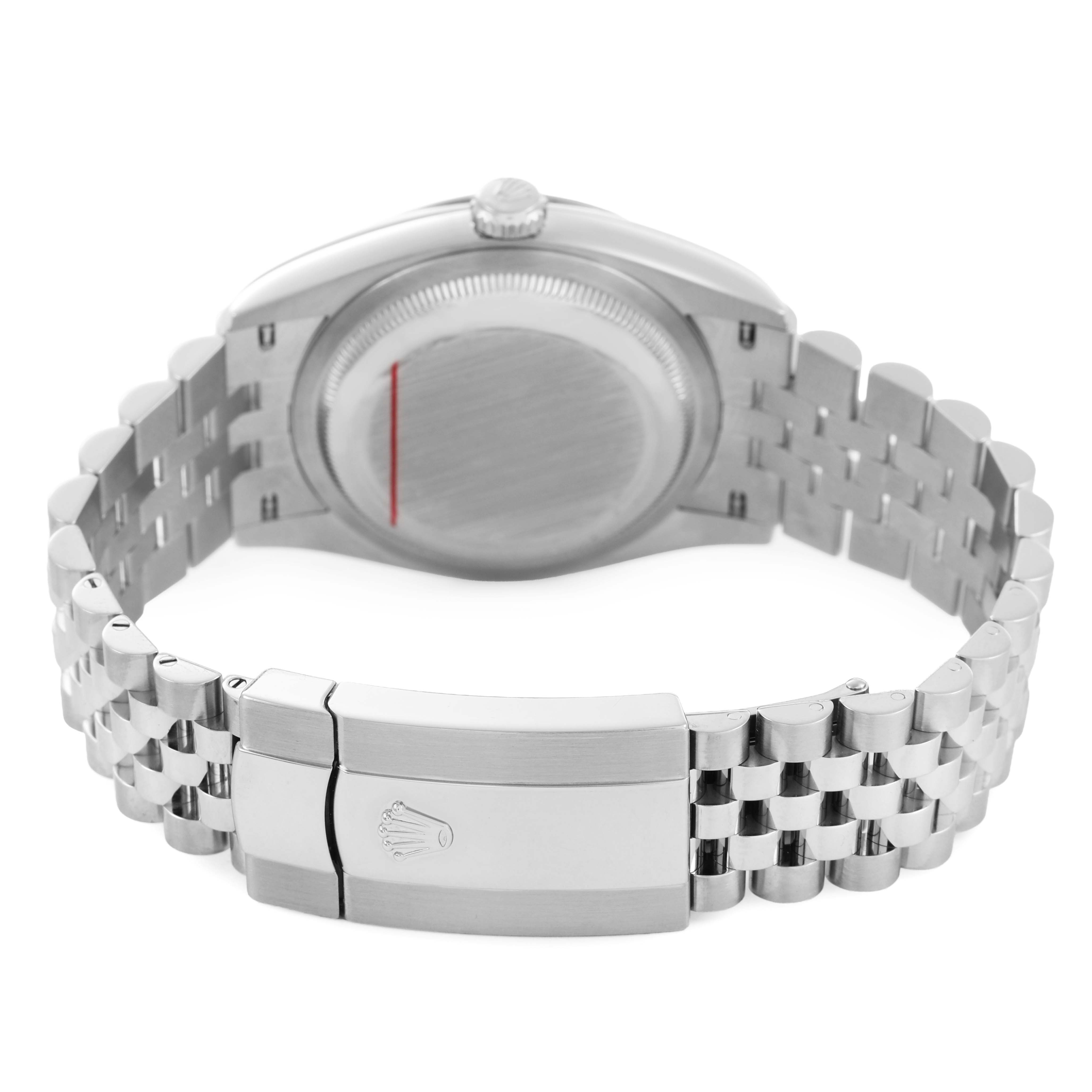 The image shows the back of a Rolex Datejust 126234 Men's Stainless Steel Green Dial, highlighting the clasp and bracelet.