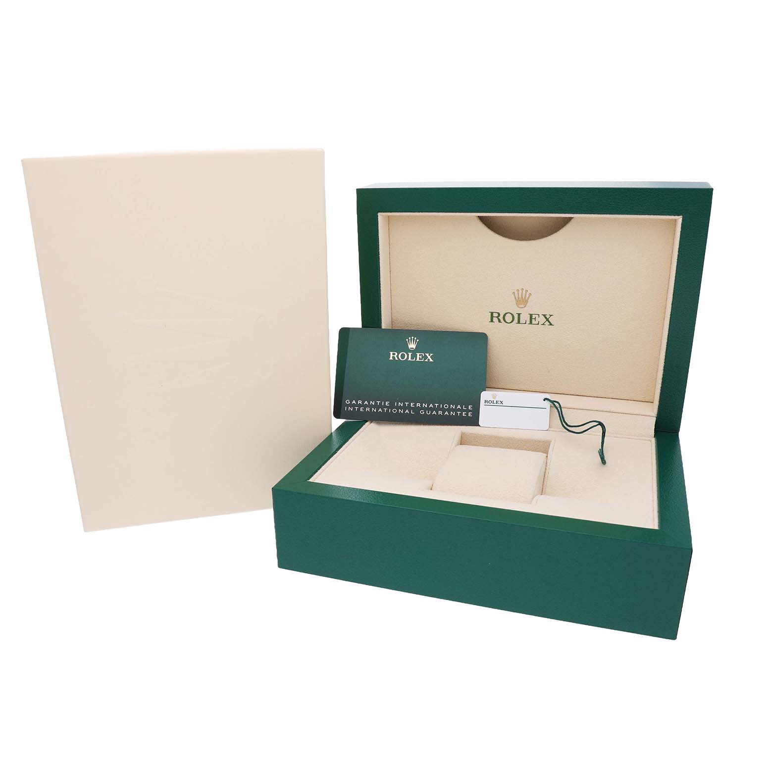 The image shows a Rolex Datejust 126234 Men's Stainless Steel Green Dial box and accessories from a front angle, including a guarantee card and a case.
