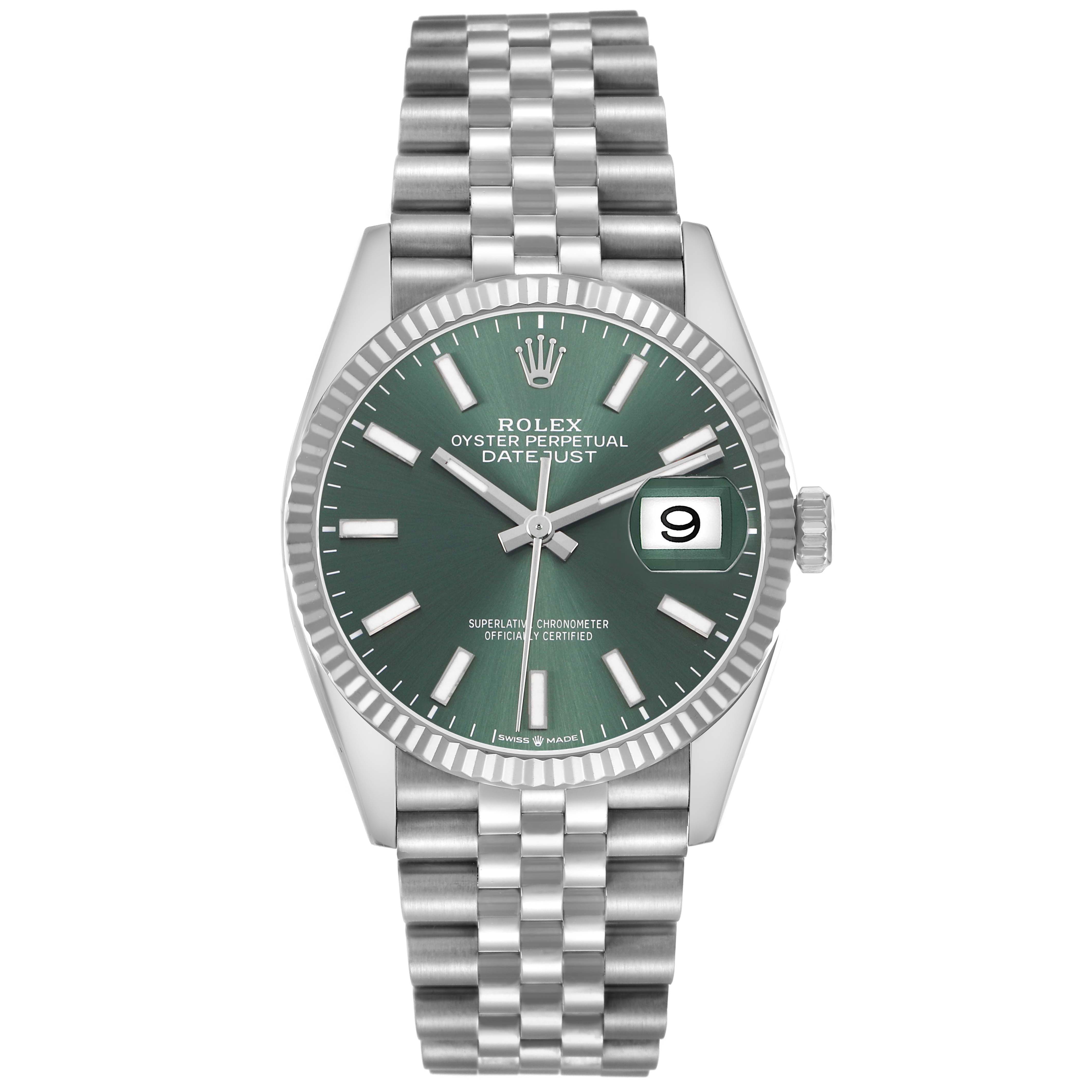 The Rolex Datejust 126234 Men's Stainless Steel Green Dial watch is shown from the front, displaying the dial, bezel, crown, and bracelet.