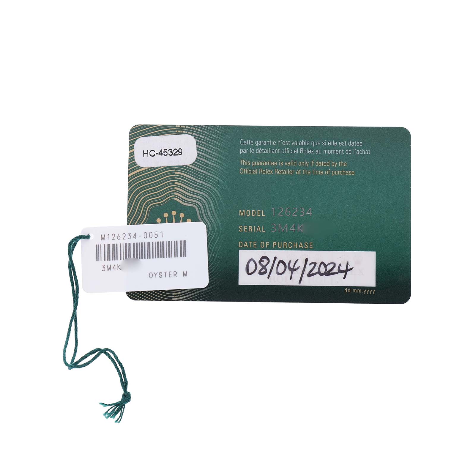 The image shows a warranty card for the Rolex Datejust 126234 Men's Stainless Steel Green Dial model, displaying model number, serial number, and purchase date.
