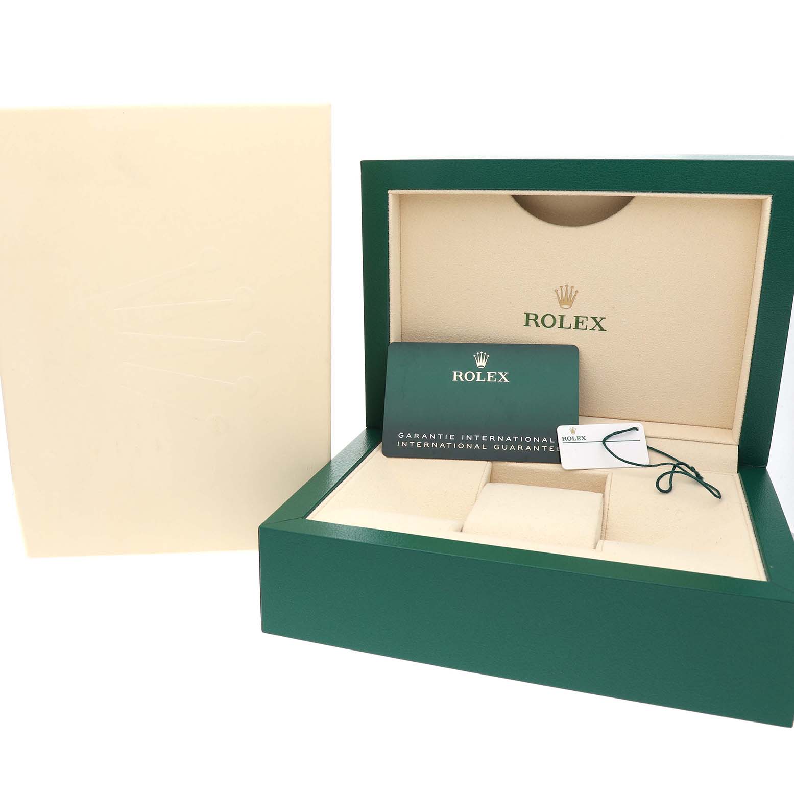 The image shows a Rolex Datejust 126234 Men's Stainless Steel Green Dial model box with an international guarantee card inside, viewed from the front.