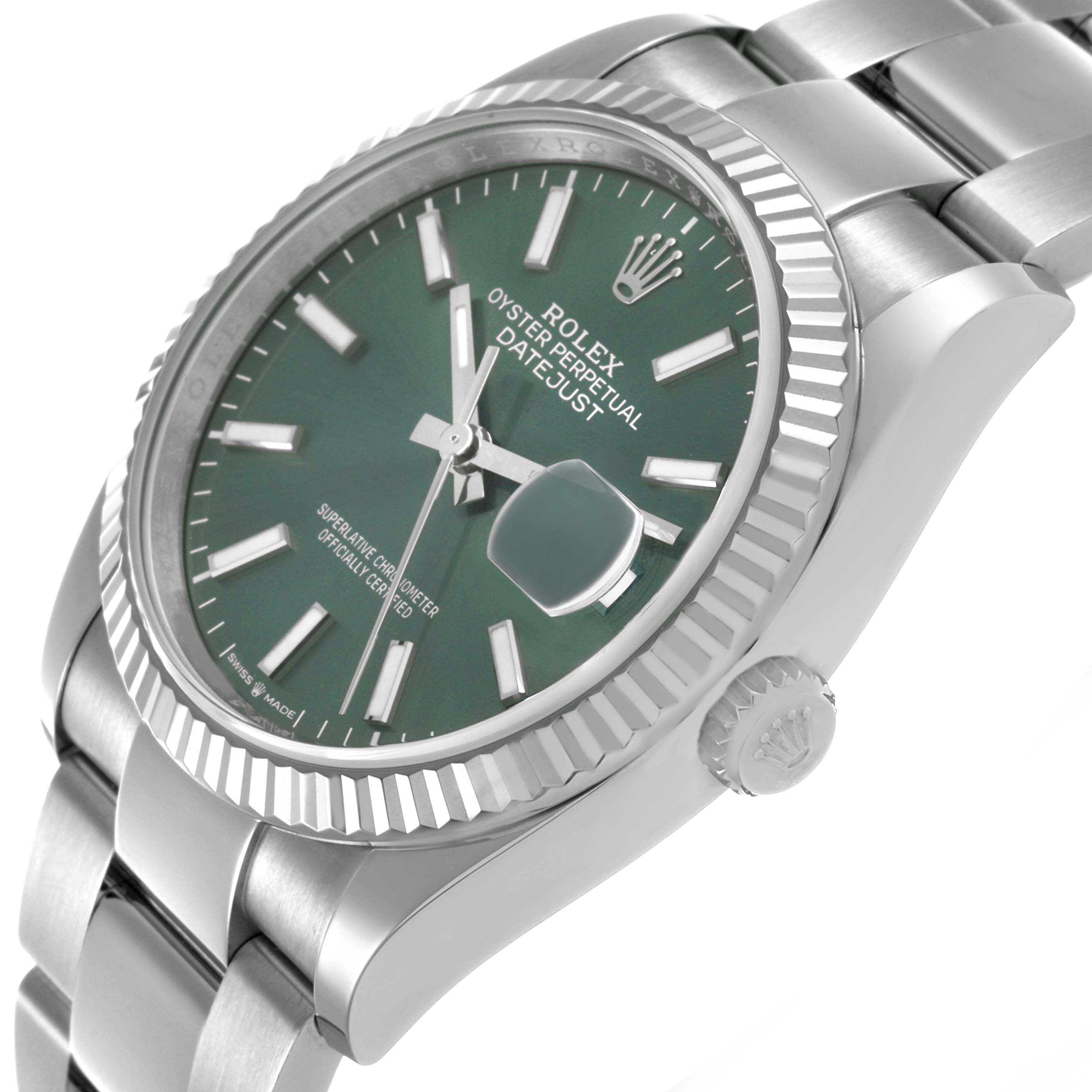 The Rolex Datejust 126234 Men's Stainless Steel Green Dial is shown at an angle, highlighting the green dial, fluted bezel, and part of the bracelet.