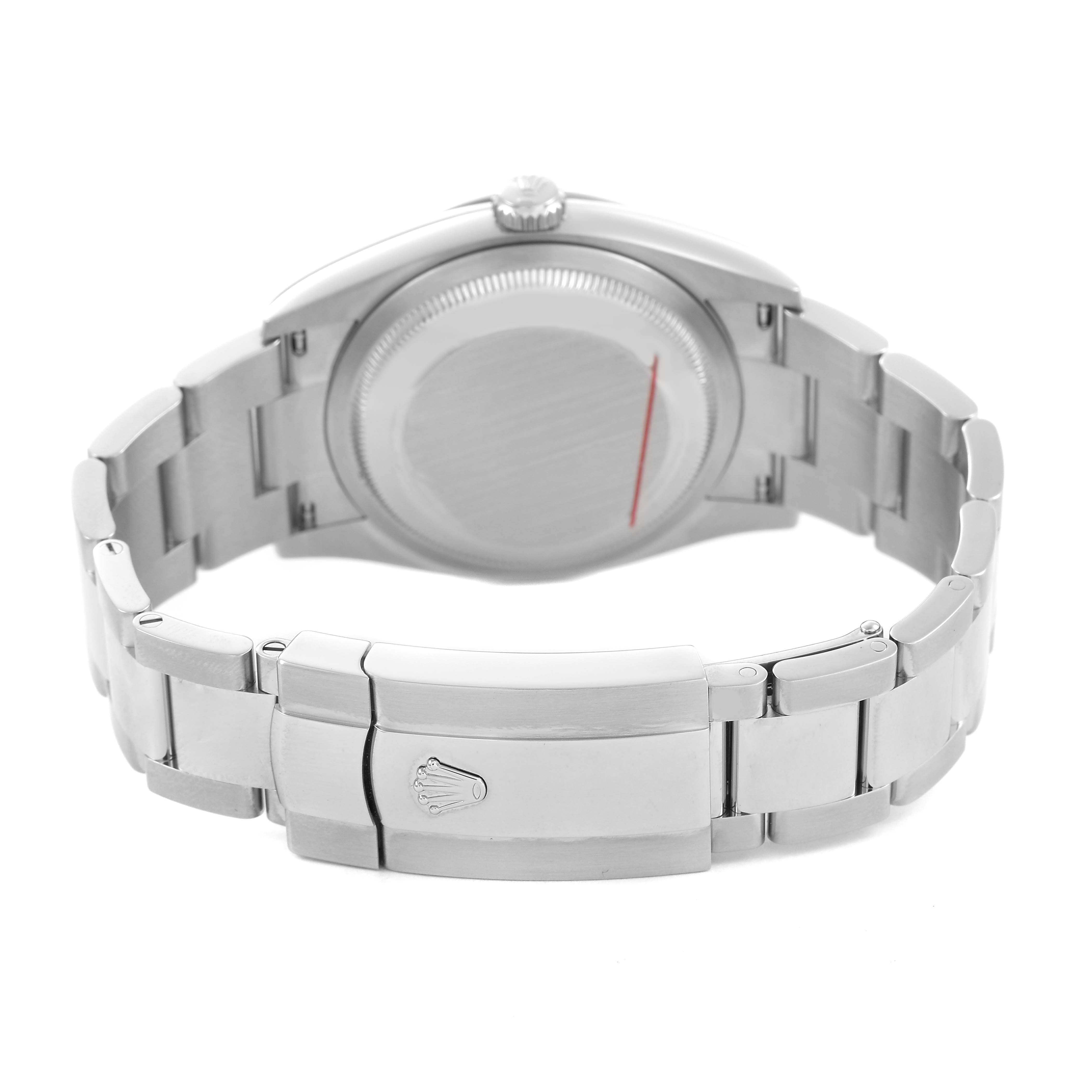 The Rolex Datejust 126234 Men's Stainless Steel Green Dial watch is shown from the back, highlighting the case back, bracelet, and clasp.