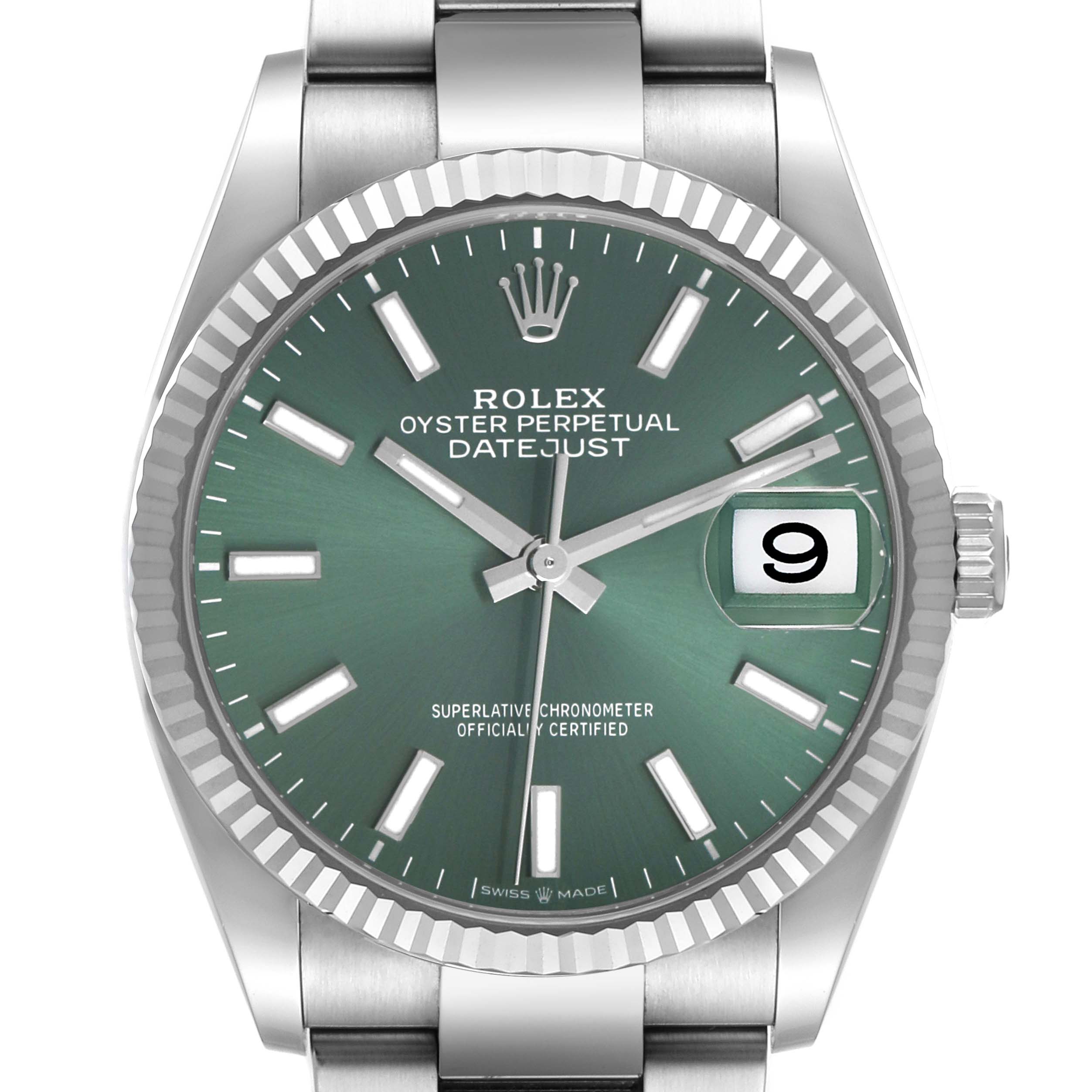 The Rolex Datejust 126234 Men's Stainless Steel Green Dial watch is shown from the front, featuring its green dial, fluted bezel, and cyclops date window.