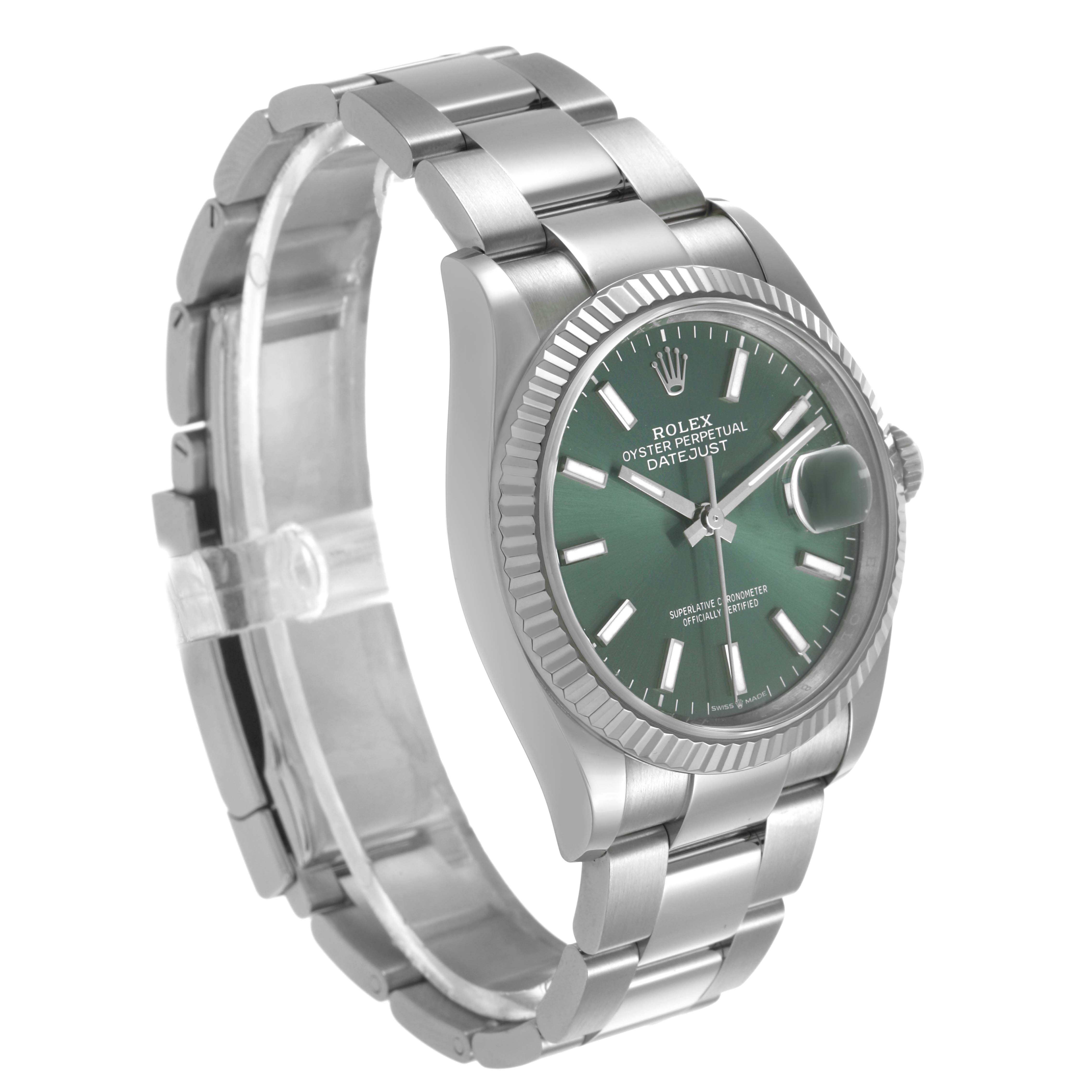The Rolex Datejust 126234 Men's Stainless Steel Green Dial watch is shown at a front-side angle, highlighting its green dial and metal bracelet.