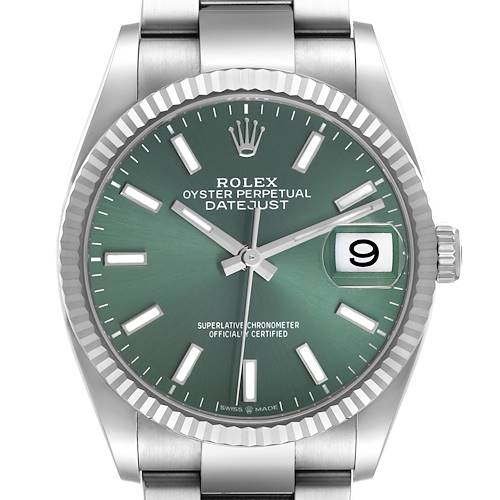 The Rolex Datejust 126234 Men's Stainless Steel Green Dial watch is shown from a front angle, highlighting the green dial, fluted bezel, and date window.