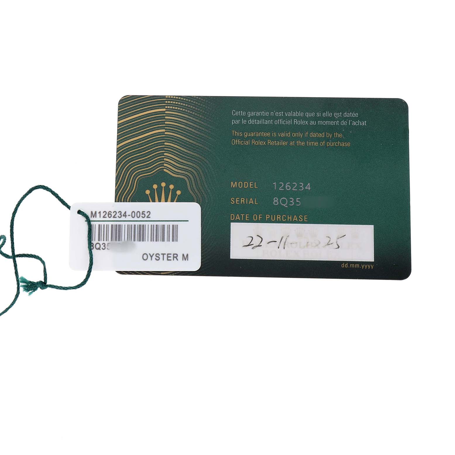 The image shows a warranty card and tag for a Rolex Datejust 126234 Men's Stainless Steel Green Dial model.