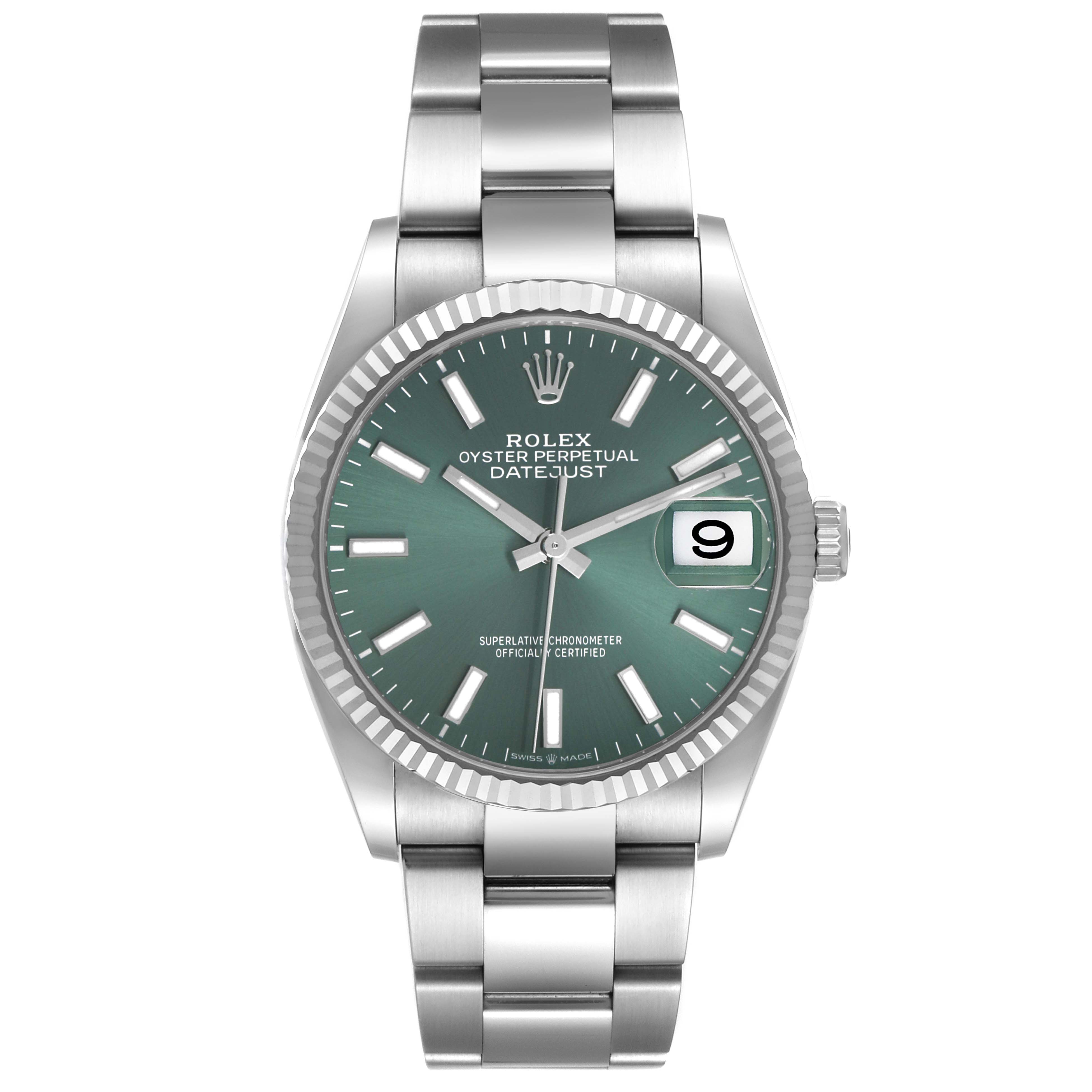 The Rolex Datejust 126234 Men's Stainless Steel Green Dial watch is shown from the front, displaying the entire face, bezel, bracelet, and crown.