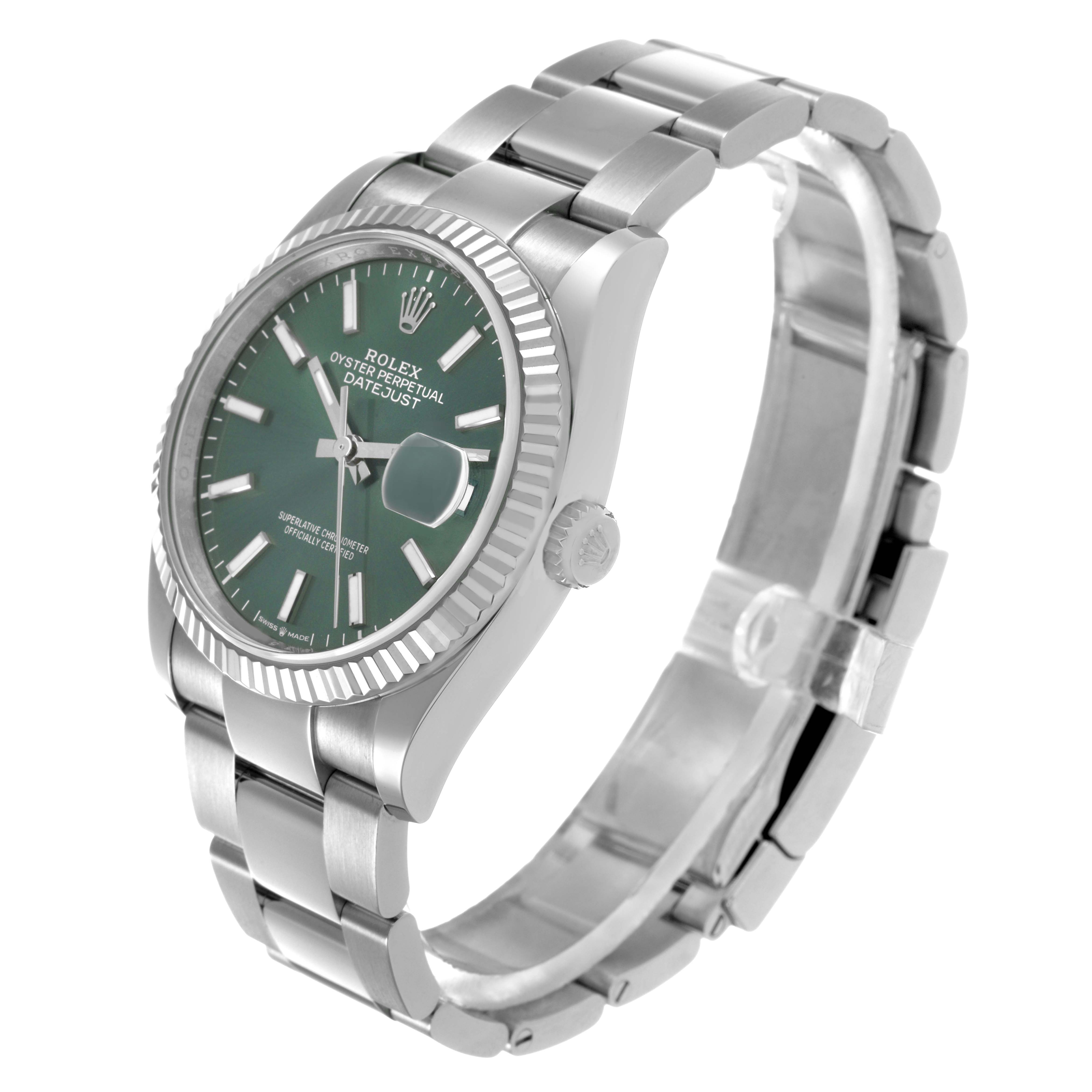 The Rolex Datejust 126234 Men's Stainless Steel Green Dial watch is shown at a three-quarter angle, highlighting the face, fluted bezel, crown, and bracelet.