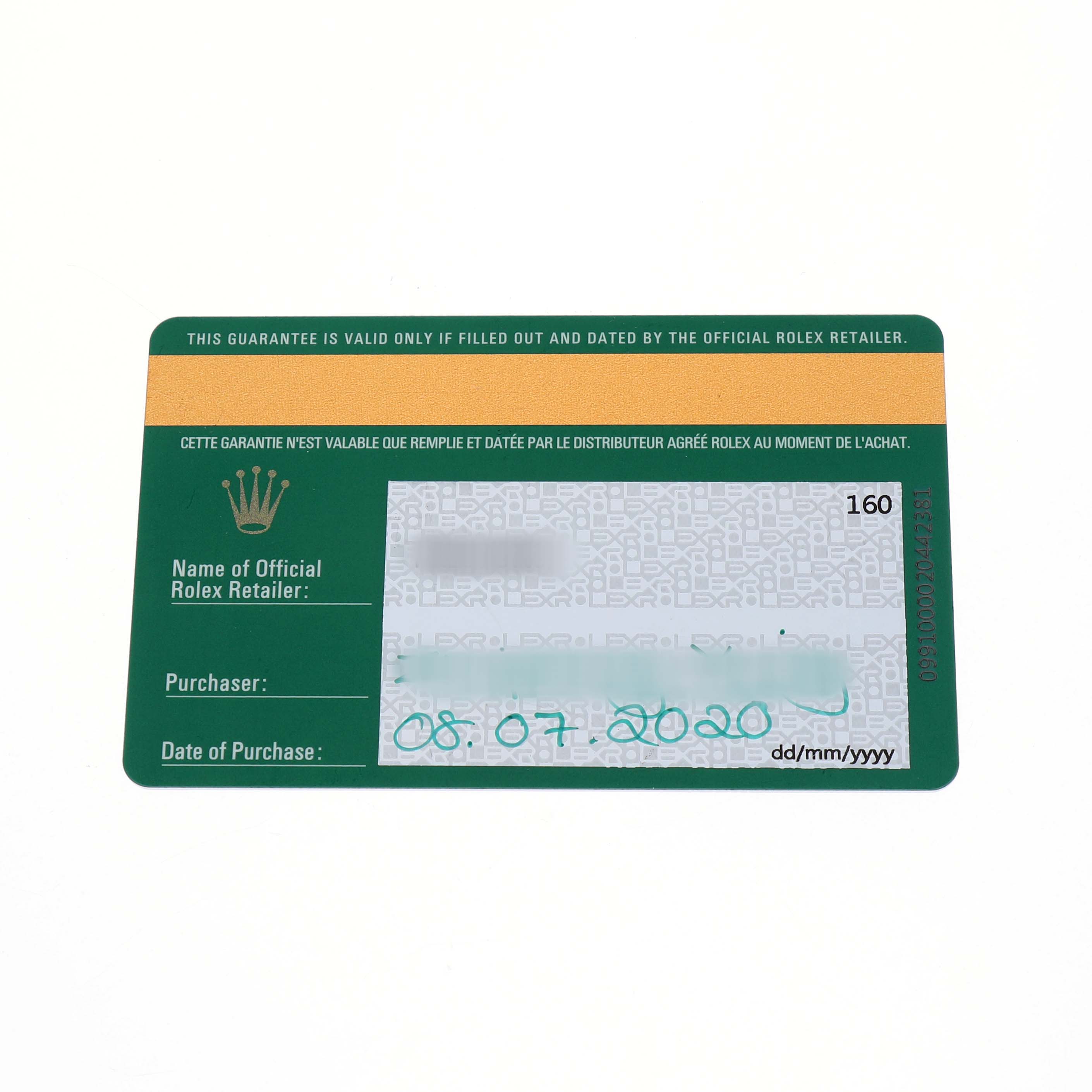 The image shows a warranty card for a Rolex Datejust MENS Men's Stainless Steel Silver Dial, featuring the brand logo and purchase details.