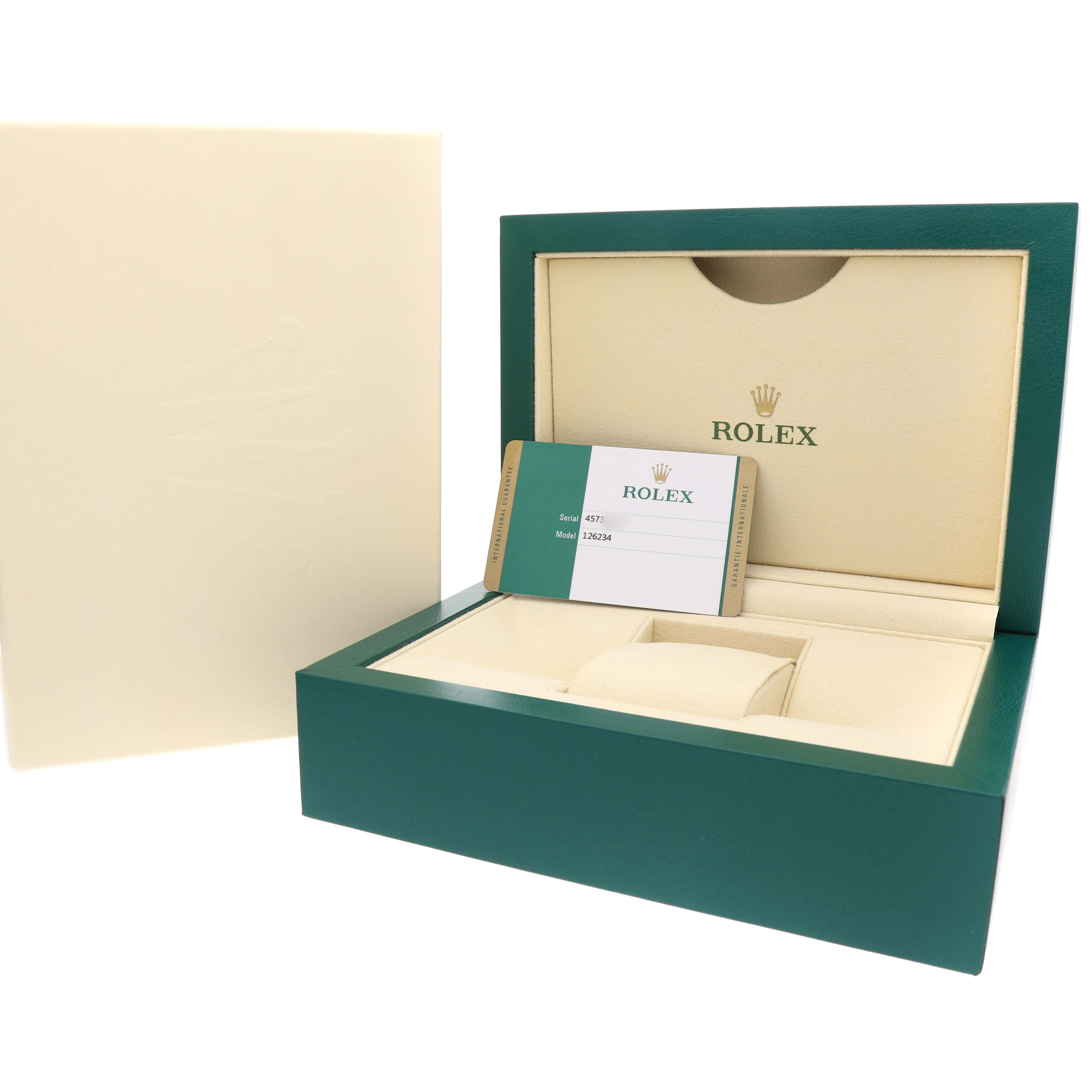 The image shows a Rolex Datejust MENS Men's Stainless Steel Silver Dial box with an authenticity card and inner packaging, viewed from the front.