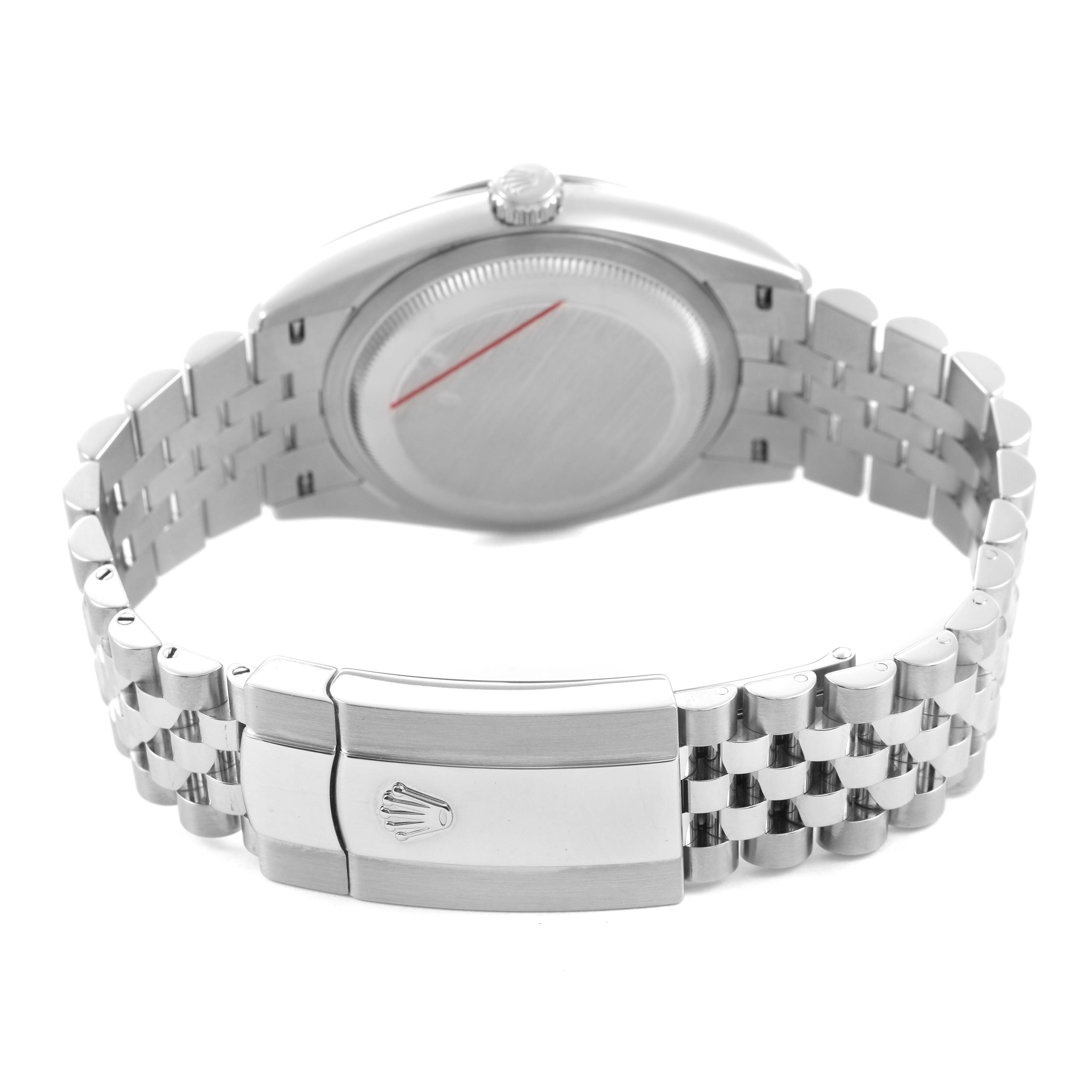 The image shows the back and clasp of a Rolex Datejust MENS Men's Stainless Steel Silver Dial, highlighting the bracelet and crown logo.