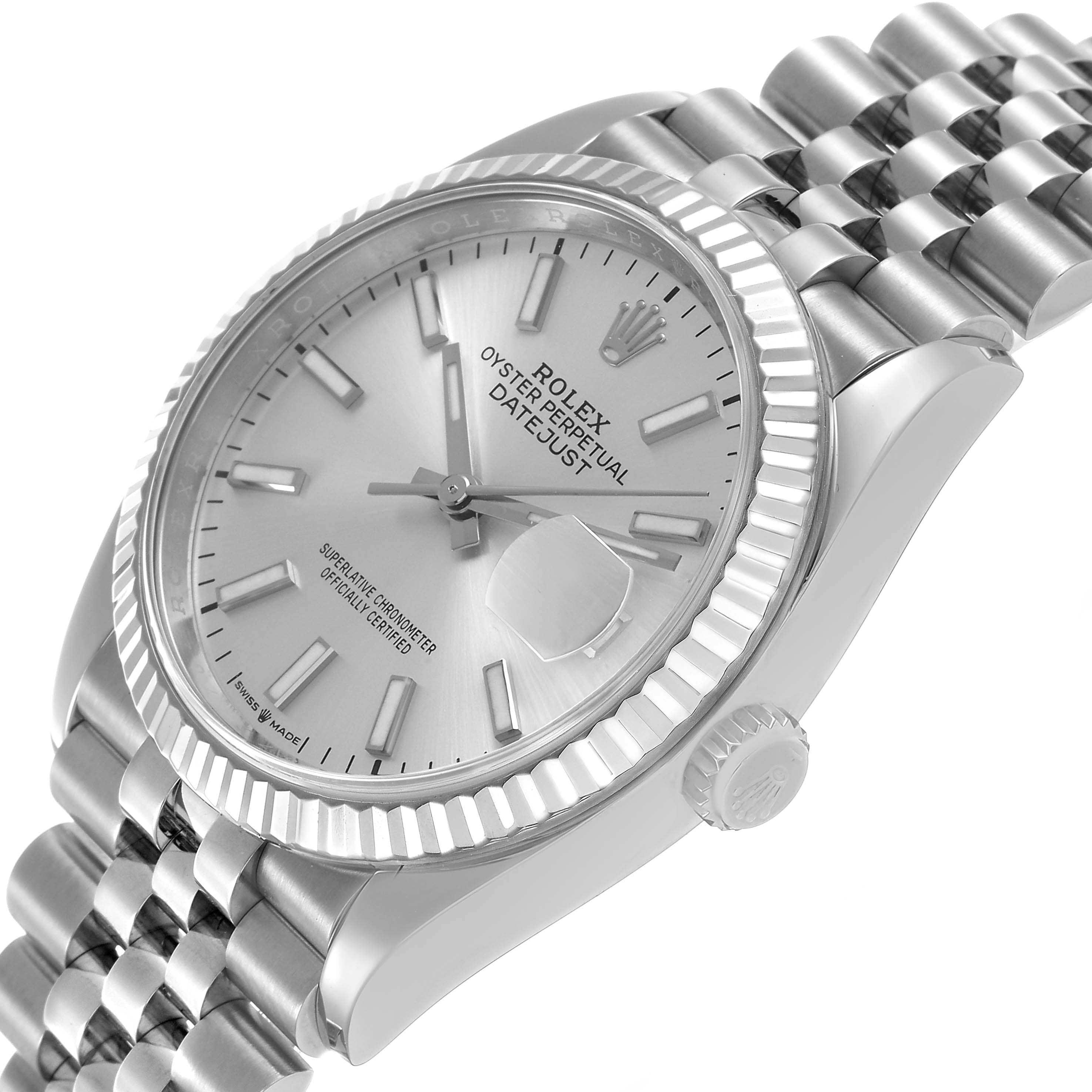 The Rolex Datejust MENS Men's Stainless Steel Silver Dial watch is shown at an angled side view, highlighting the dial, bezel, and bracelet.