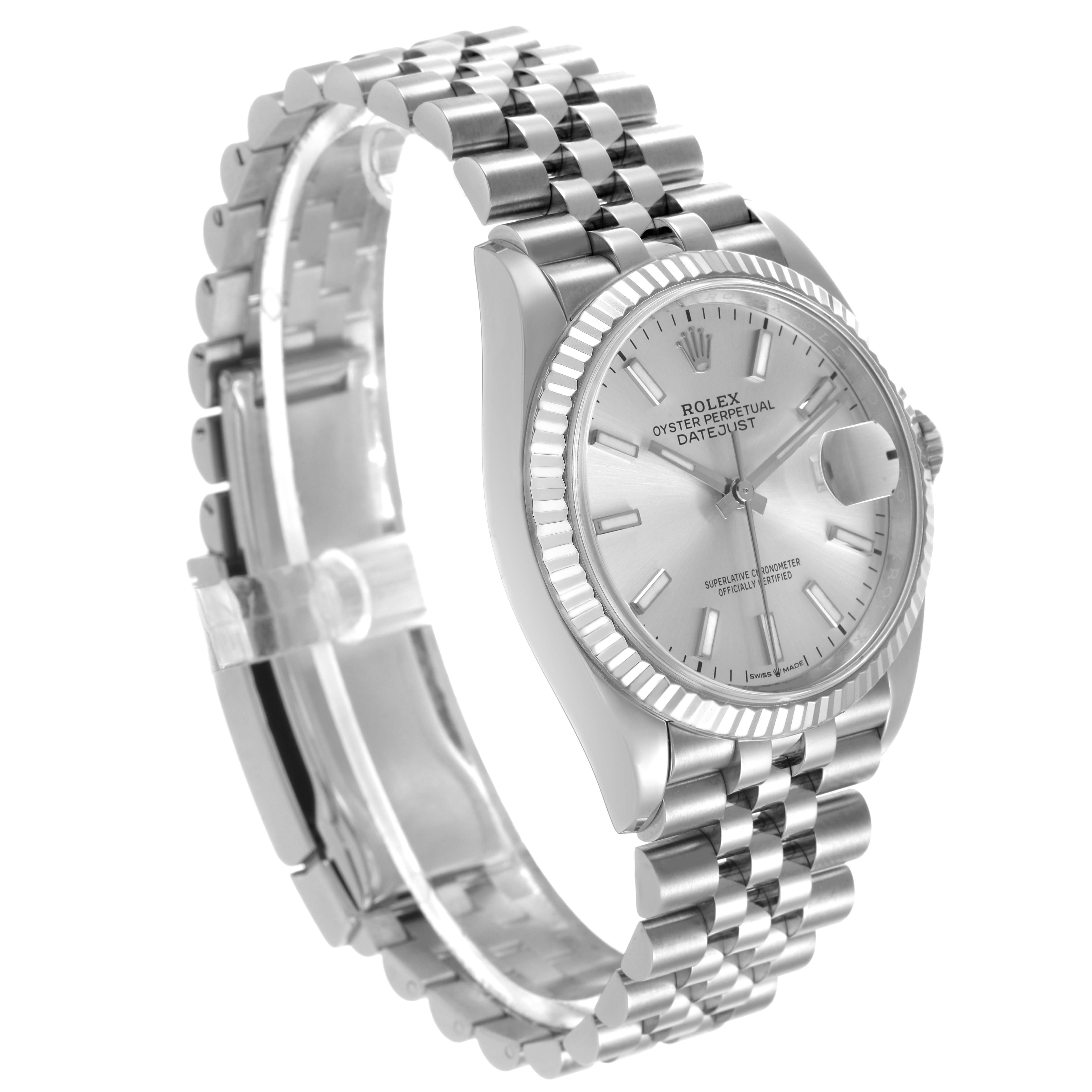 The Rolex Datejust MENS Men's Stainless Steel Silver Dial watch is shown at an angled side view, displaying the dial, fluted bezel, and Jubilee bracelet.