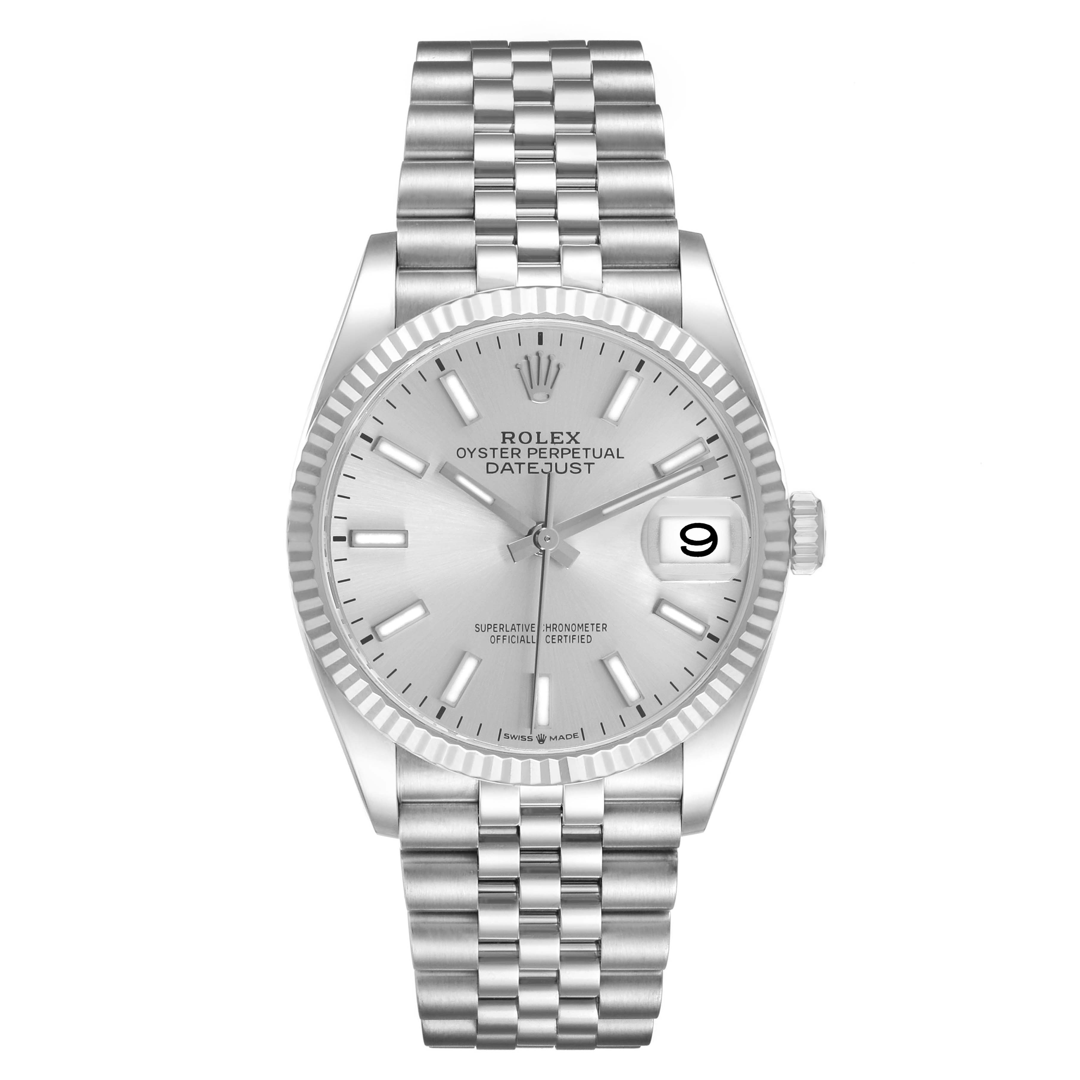 The Rolex Datejust MENS Men's Stainless Steel Silver Dial watch is shown from the front, displaying the dial, date window, and jubilee bracelet.