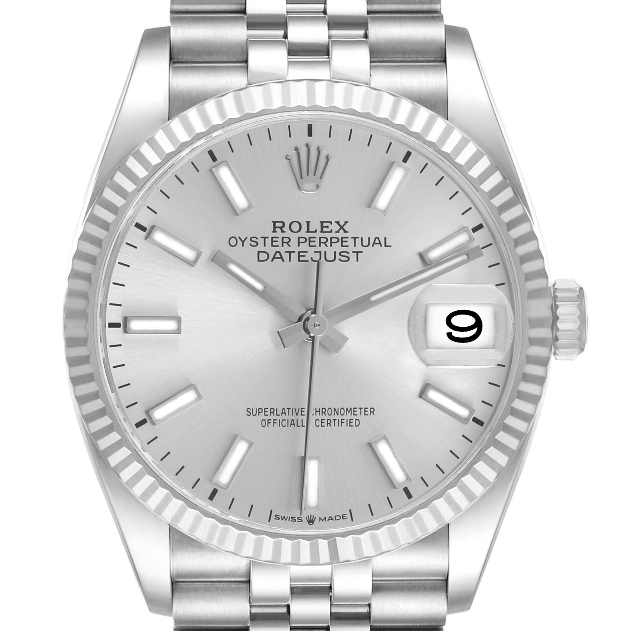 The image shows a front view of the Rolex Datejust MENS Men's Stainless Steel Silver Dial watch, highlighting the dial, date magnifier, and bracelet.