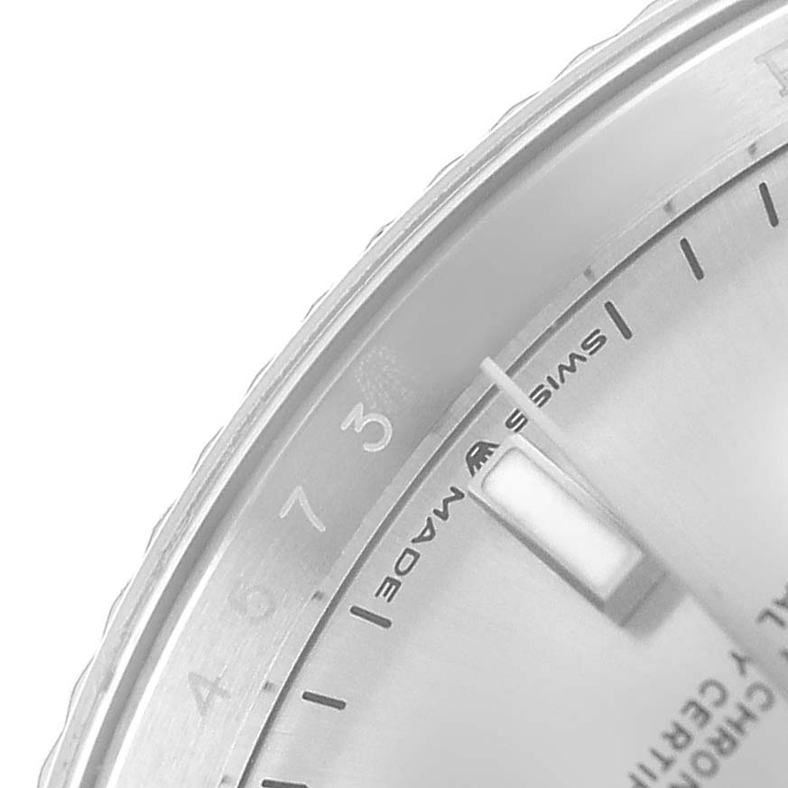 The image shows a close-up of the dial edge of a Rolex Datejust MENS Men's Stainless Steel Silver Dial, featuring indices and "Swiss Made" text.