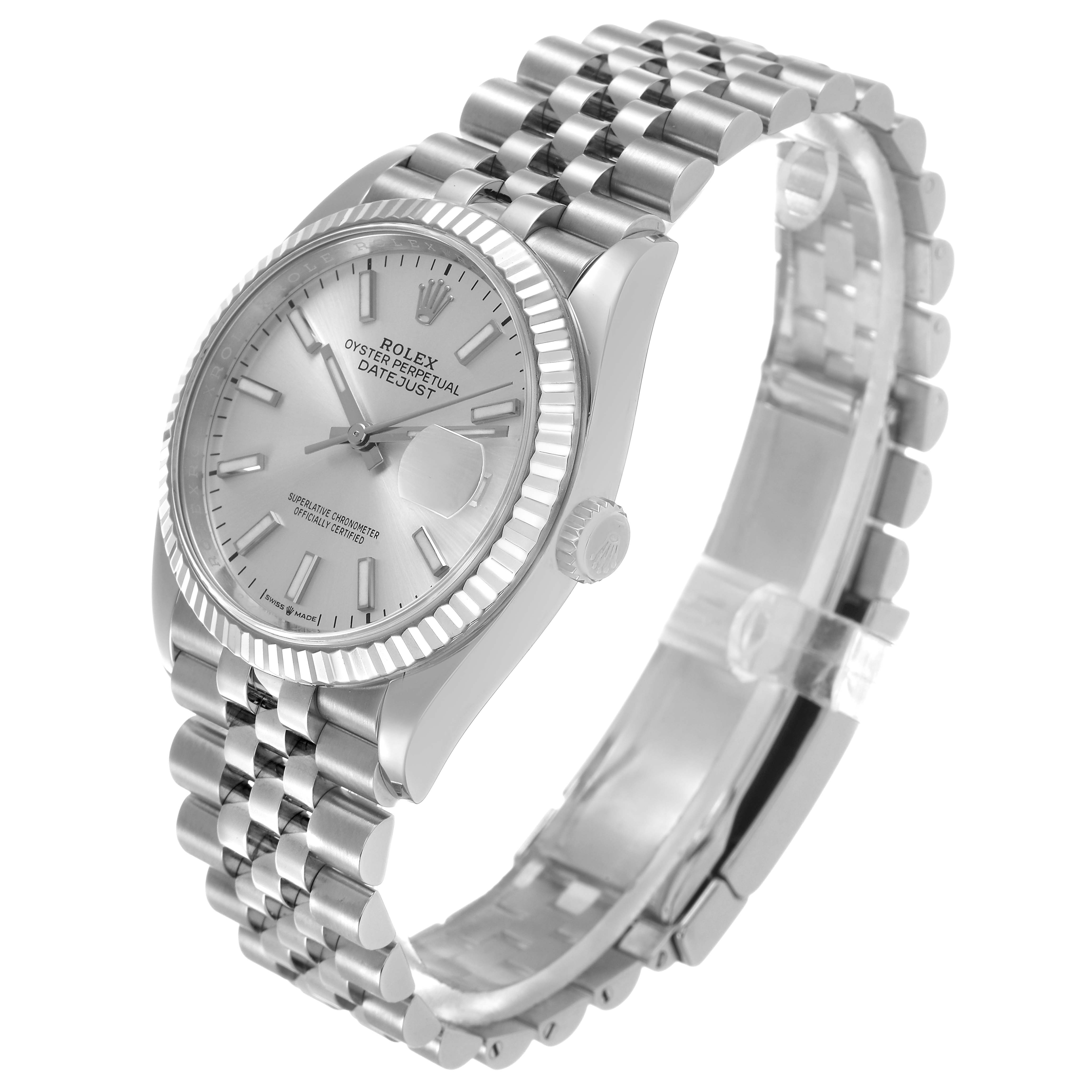 The Rolex Datejust MENS Men's Stainless Steel Silver Dial watch is shown at an oblique angle, featuring the case, dial, fluted bezel, and Jubilee bracelet.