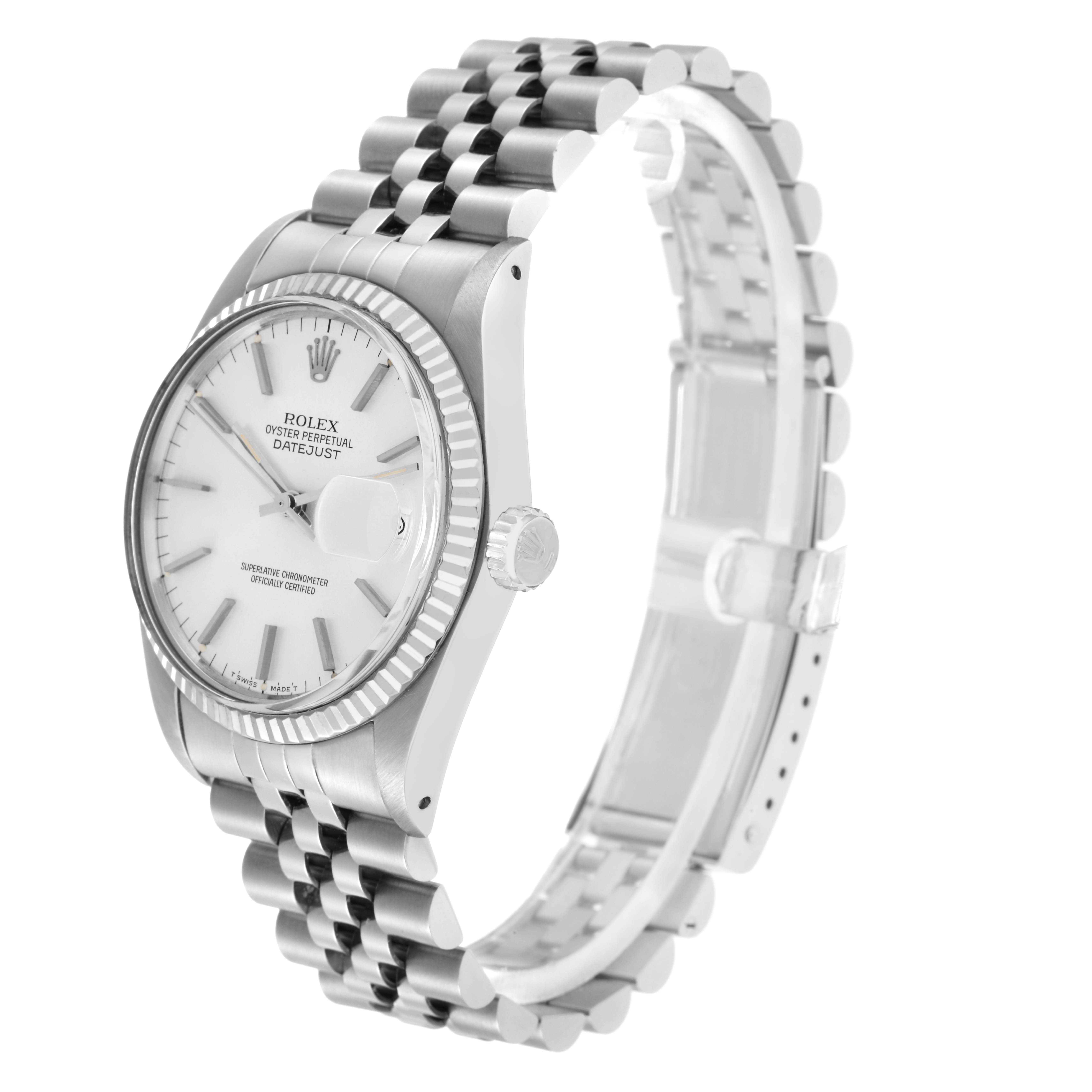 The Rolex Vintage Collection model 16014 is shown at a slight angle, highlighting the case, fluted bezel, crown, white dial, and Jubilee bracelet.