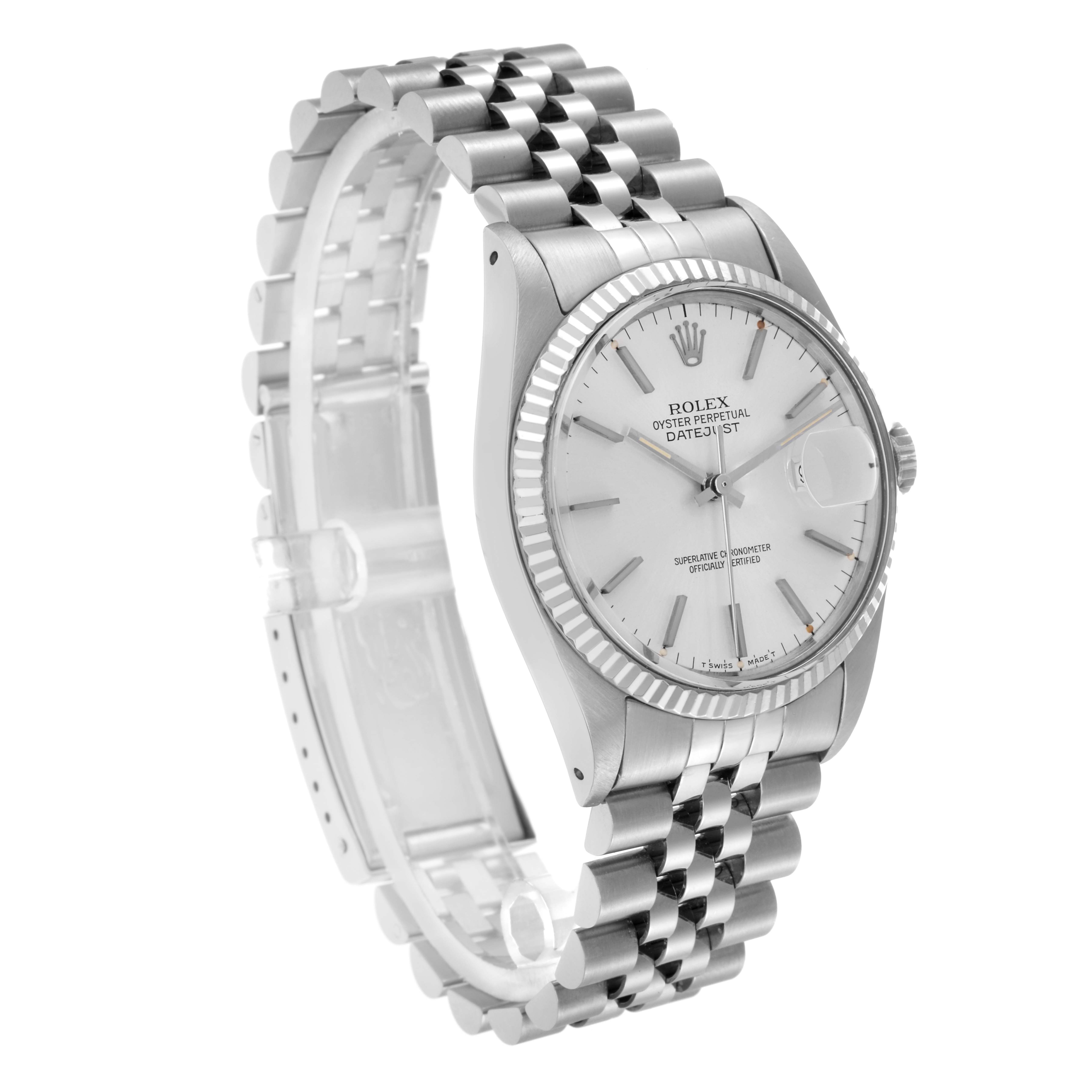 The image shows a Rolex Vintage Collection model 16014 men's watch, angled from the front right, highlighting the dial, bezel, case, and bracelet.