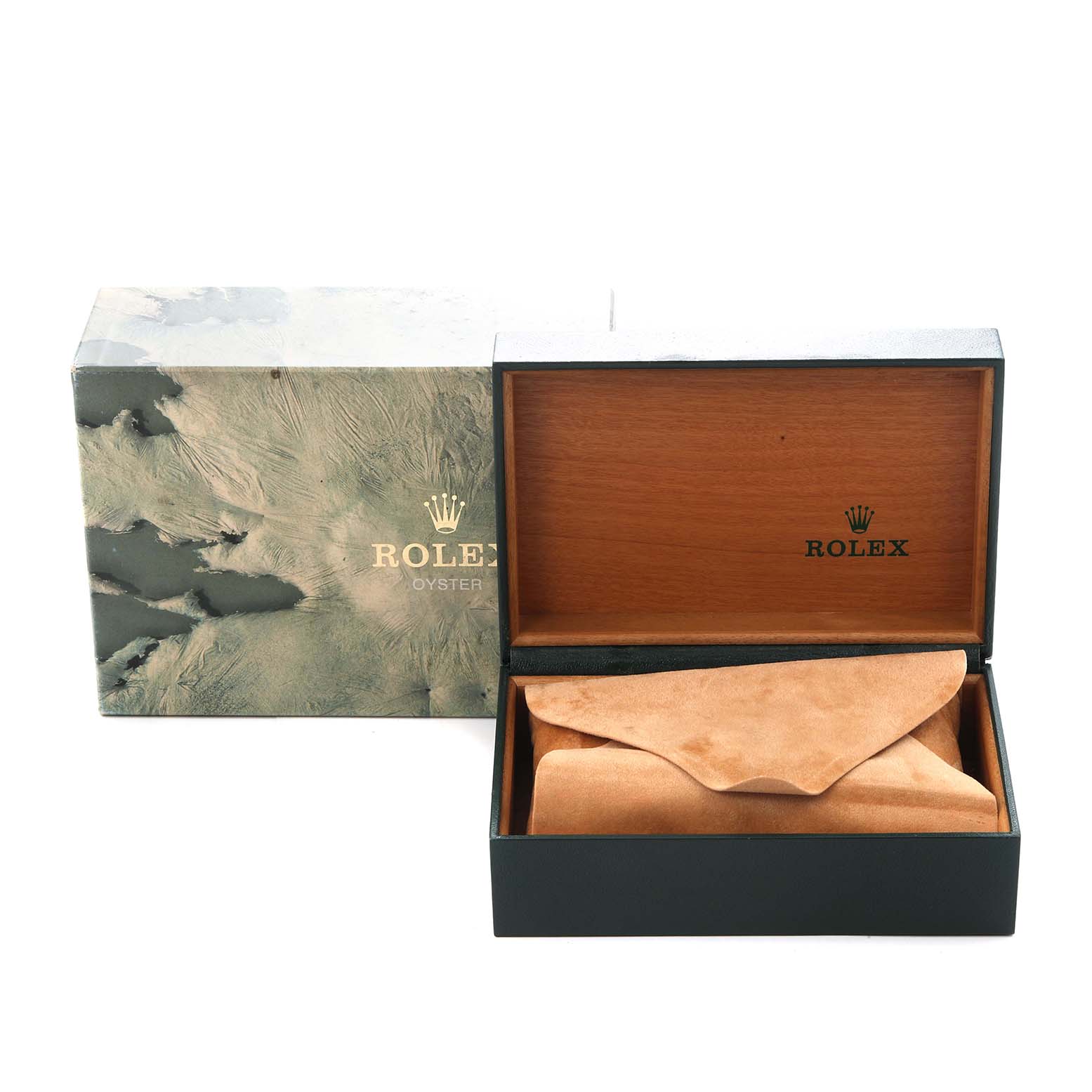 The image shows the box and case for a Rolex Vintage Collection model 16014 men's watch, with the box open to reveal a suede pouch inside.