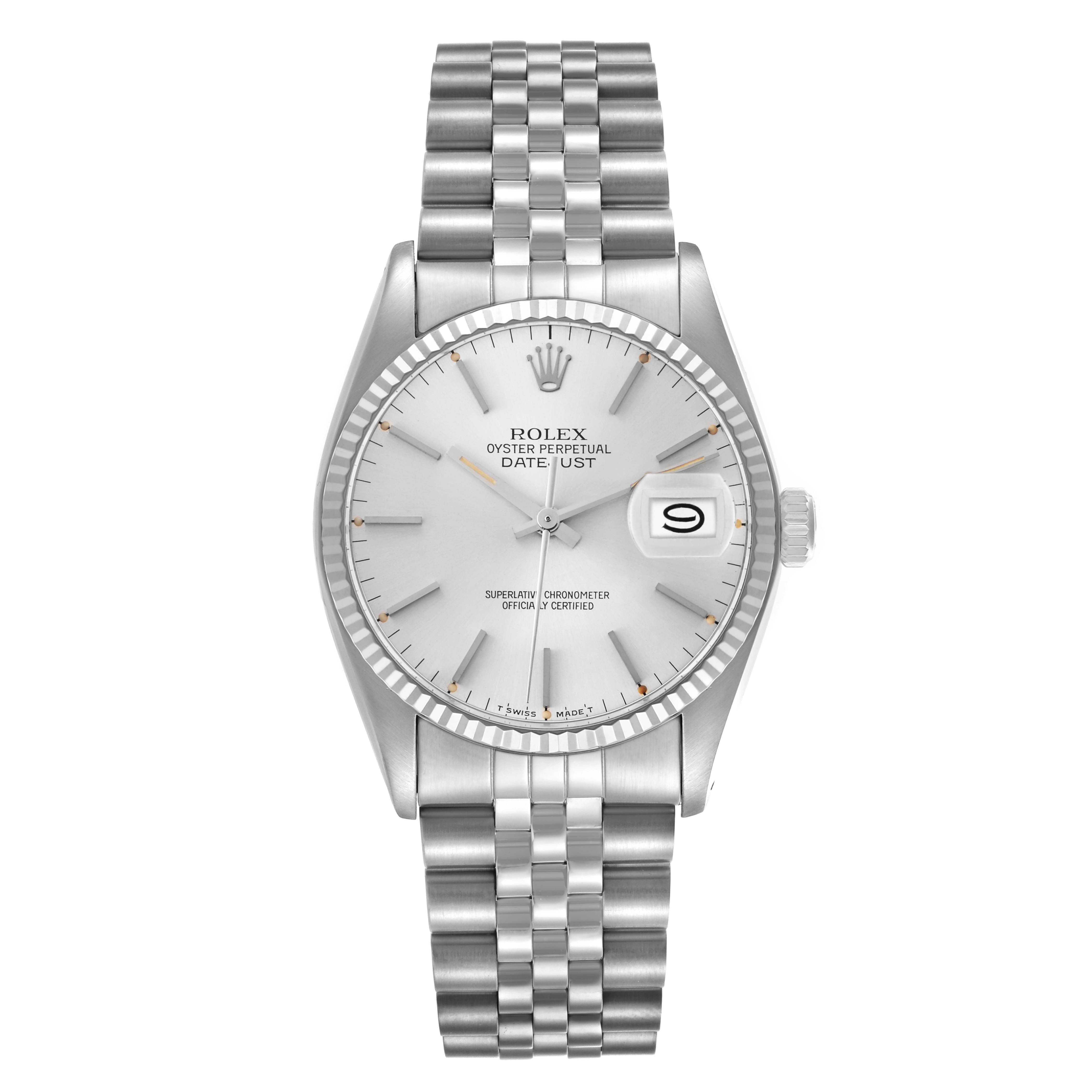The Rolex Vintage Collection model 16014 is shown from a straight-on angle, displaying the full watch face, bezel, and bracelet.