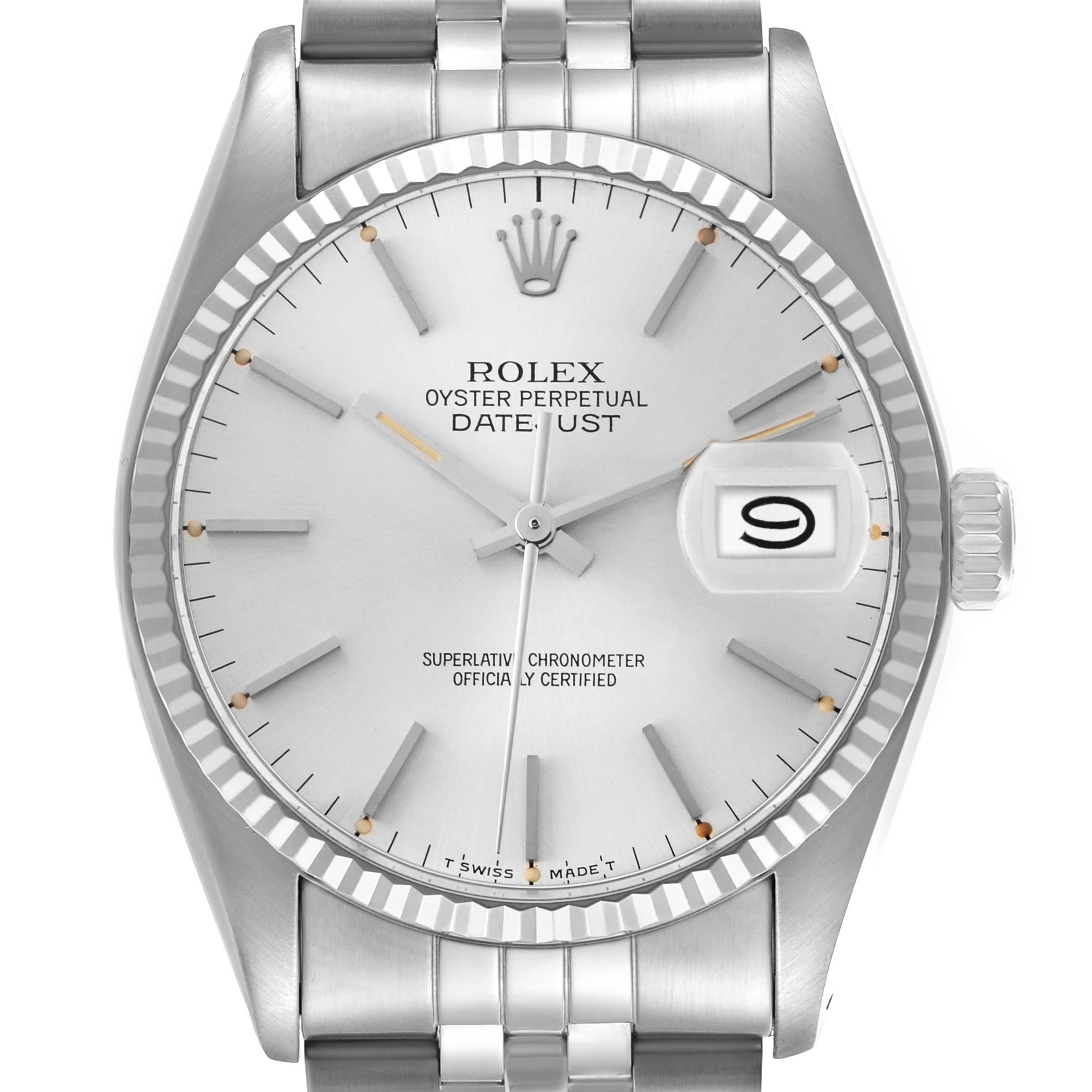 The Rolex Vintage Collection model 16014 men's watch is shown from a front angle, displaying the dial, fluted bezel, crown, and part of the bracelet.