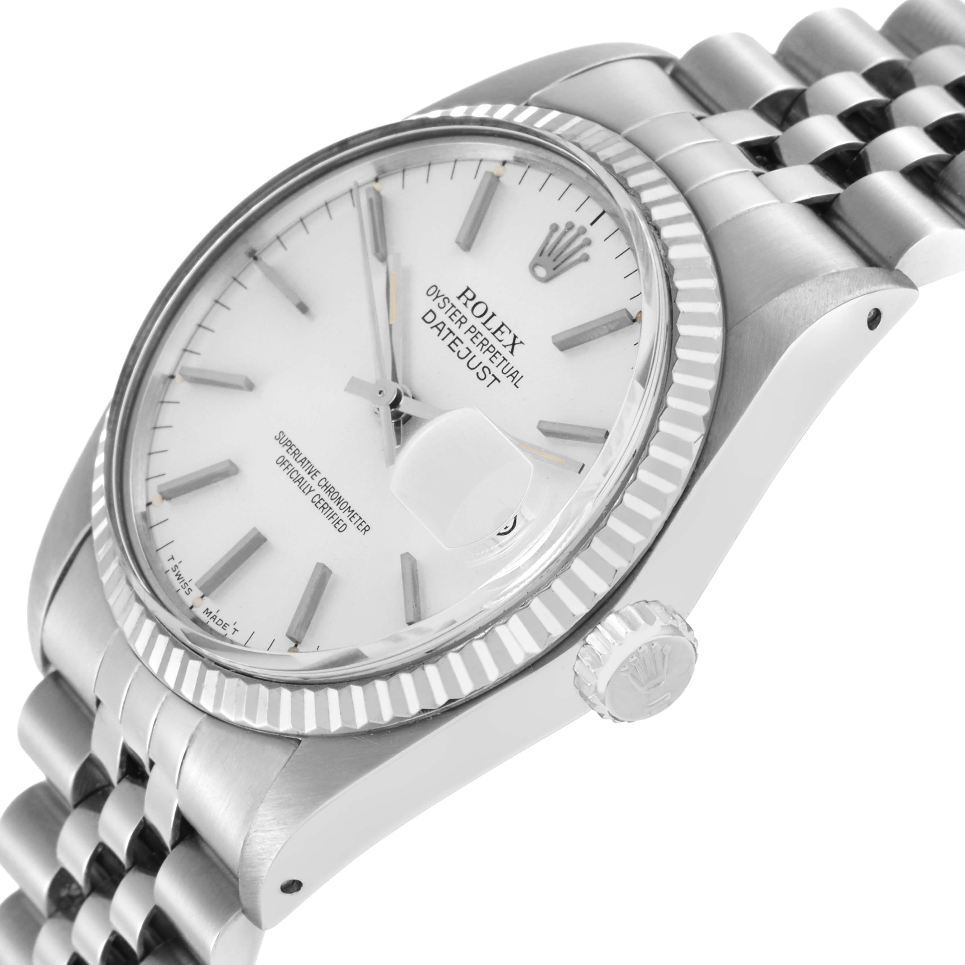 The image shows a Rolex Vintage Collection, model 16014 Men's watch at a slight side angle, highlighting the dial, bezel, crown, and part of the bracelet.